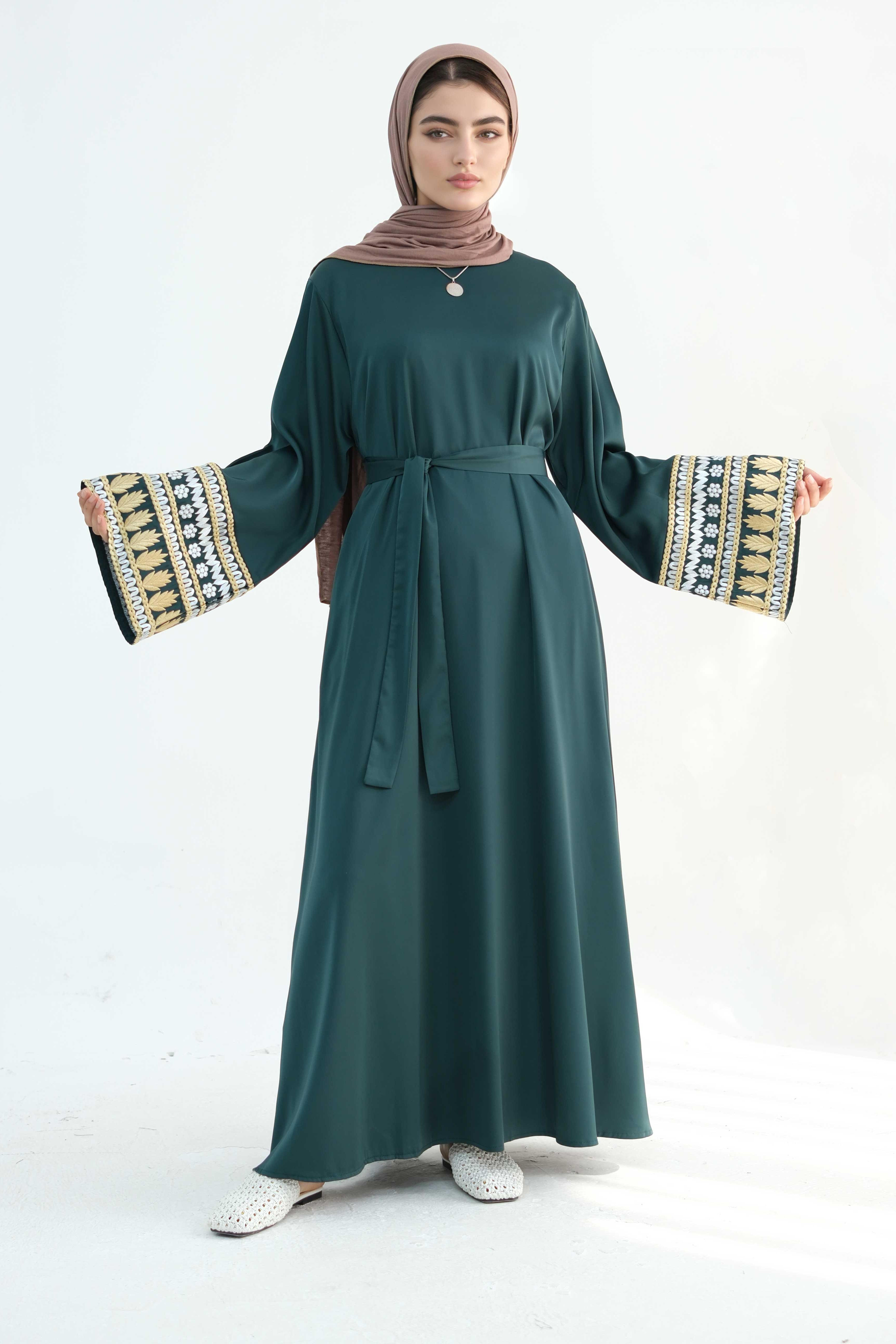 Sabreen Embroidered Maxi Dress Abaya with belt 880 - Dark Green