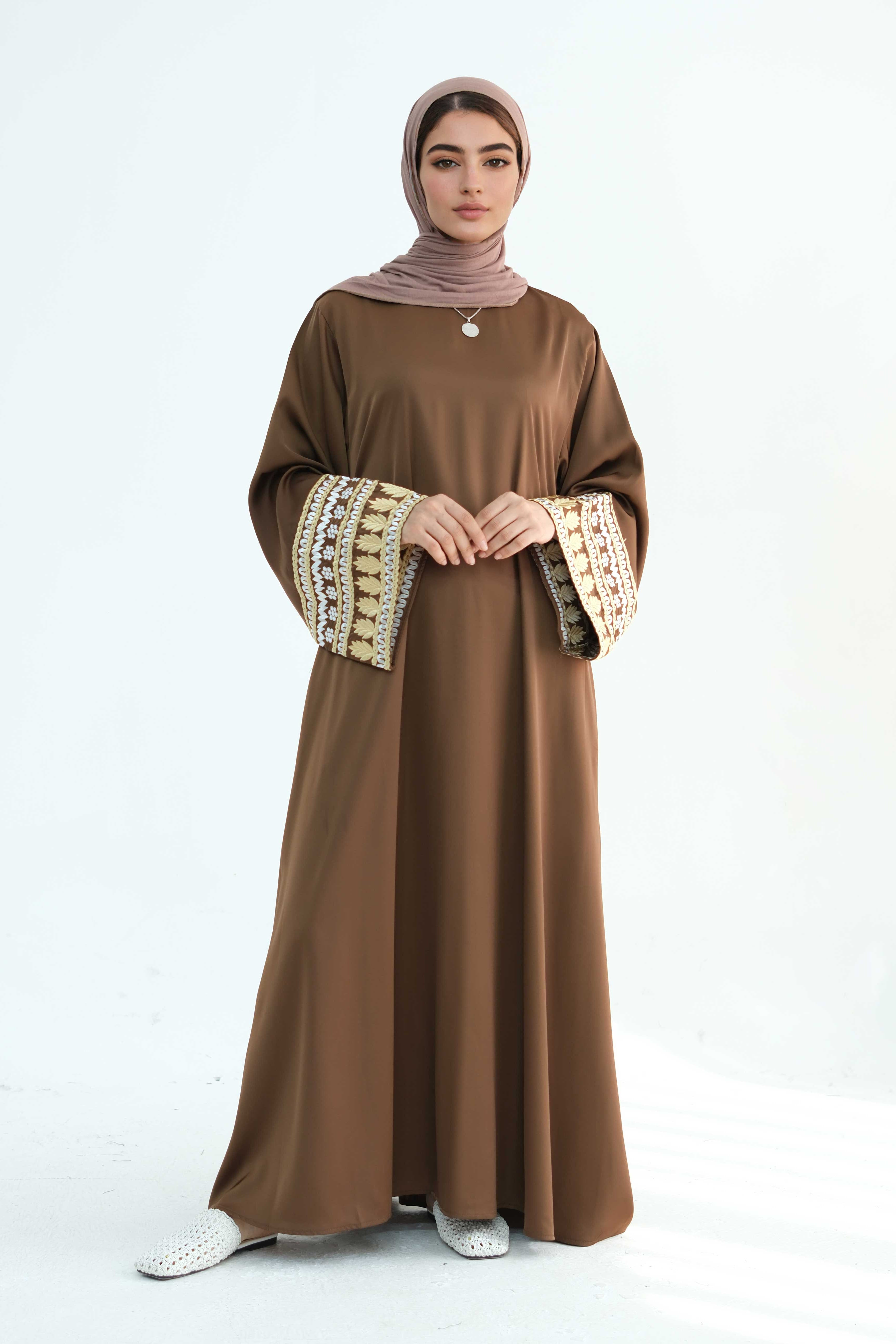 Sabreen Embroidered Maxi Dress Abaya with belt 880 - coffee