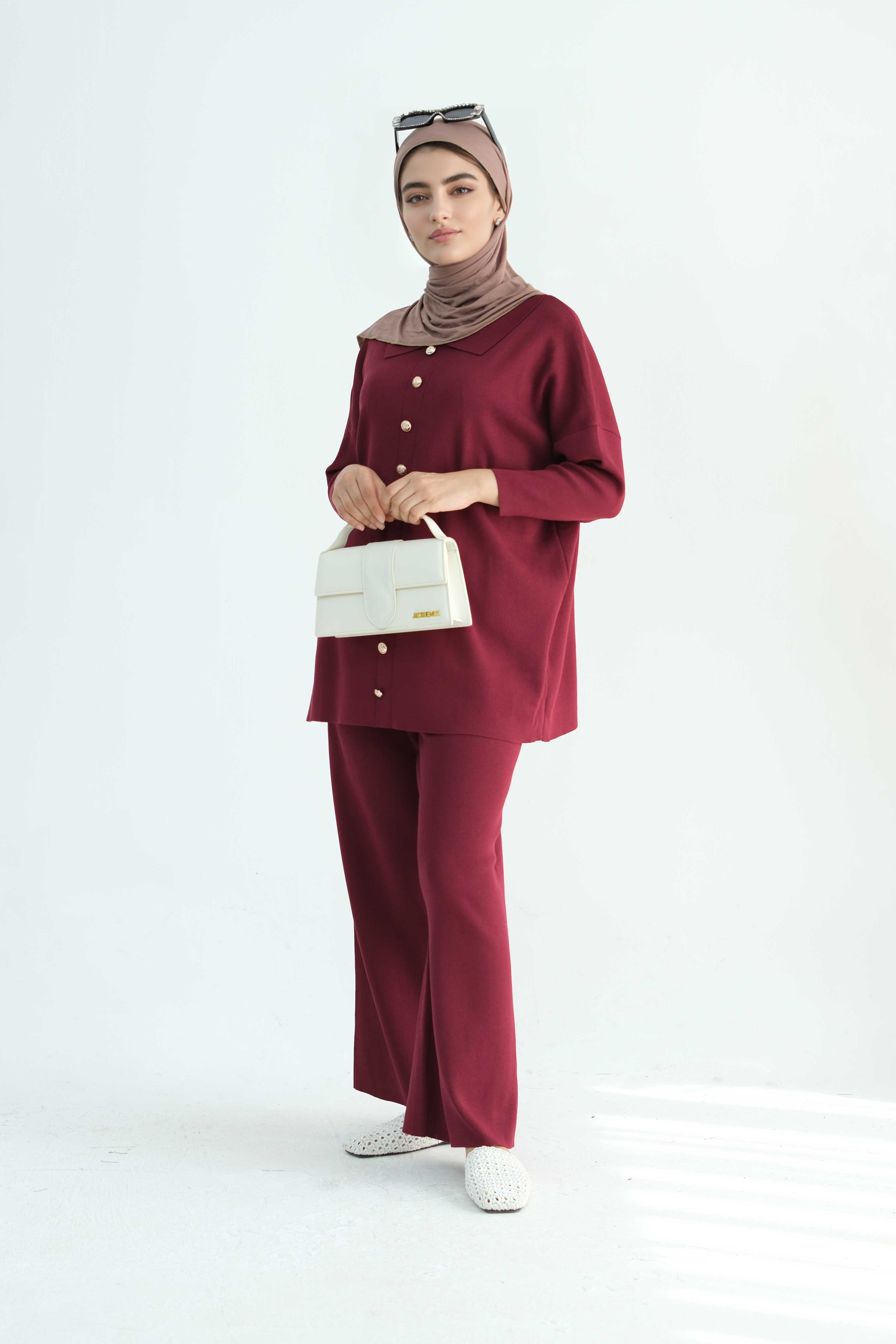 Inas Minimalist Buttoned Abaya Top and Pants Set 869- Dark Red