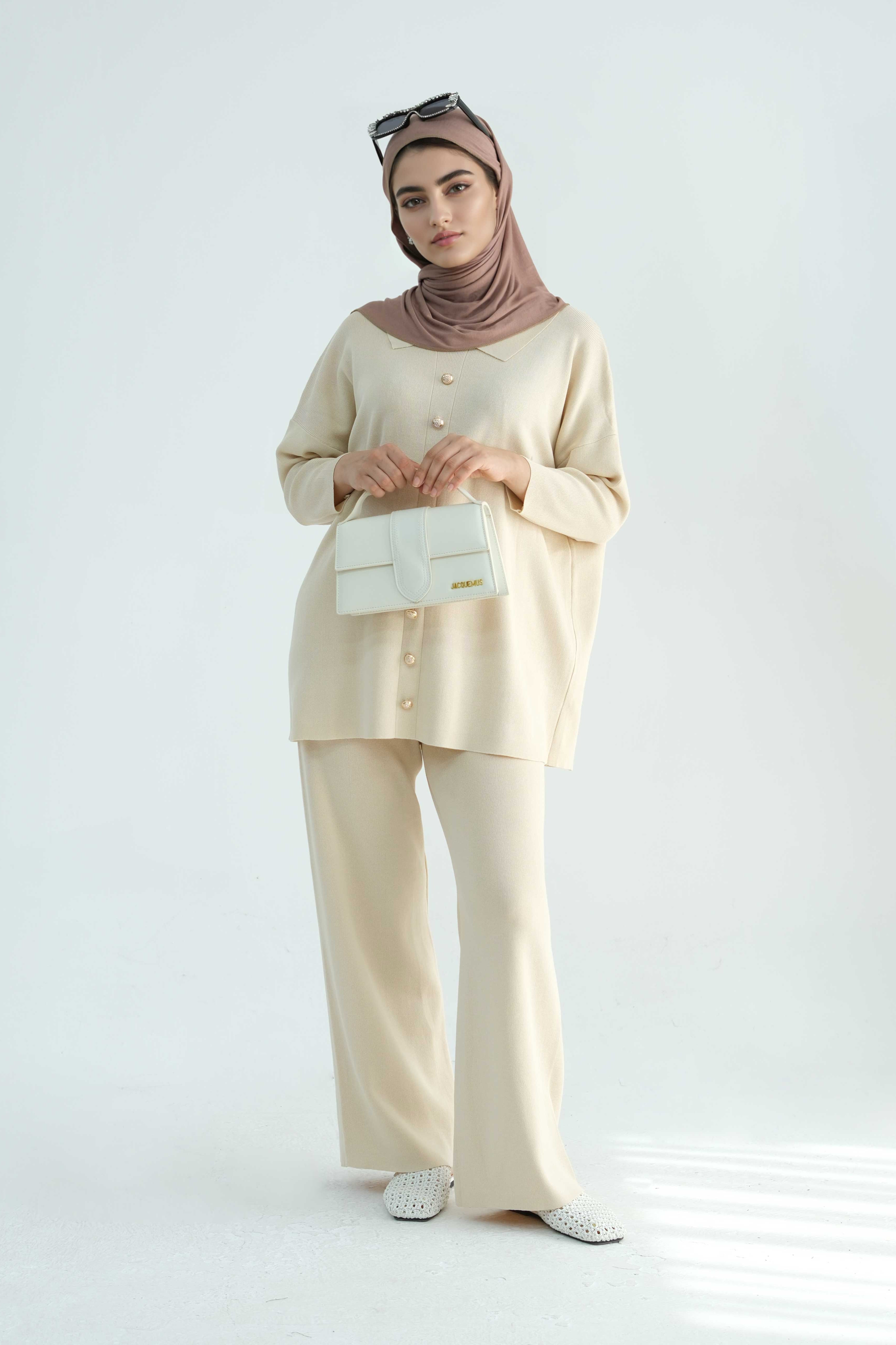 Inas Minimalist Buttoned Abaya Top and Pants Set 869 - Beige