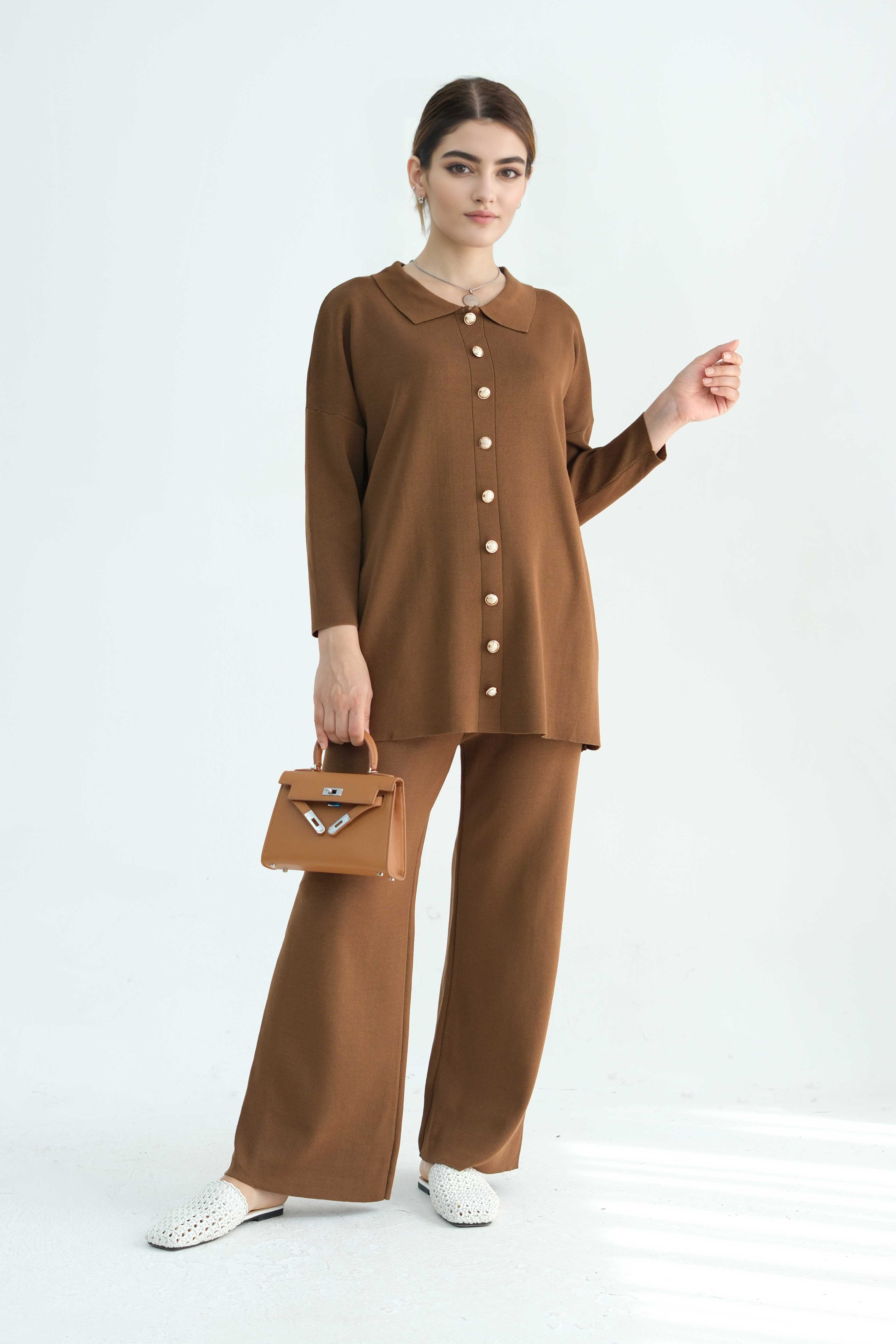 Inas Minimalist Buttoned Abaya Top and Pants Set 869 - Coffee