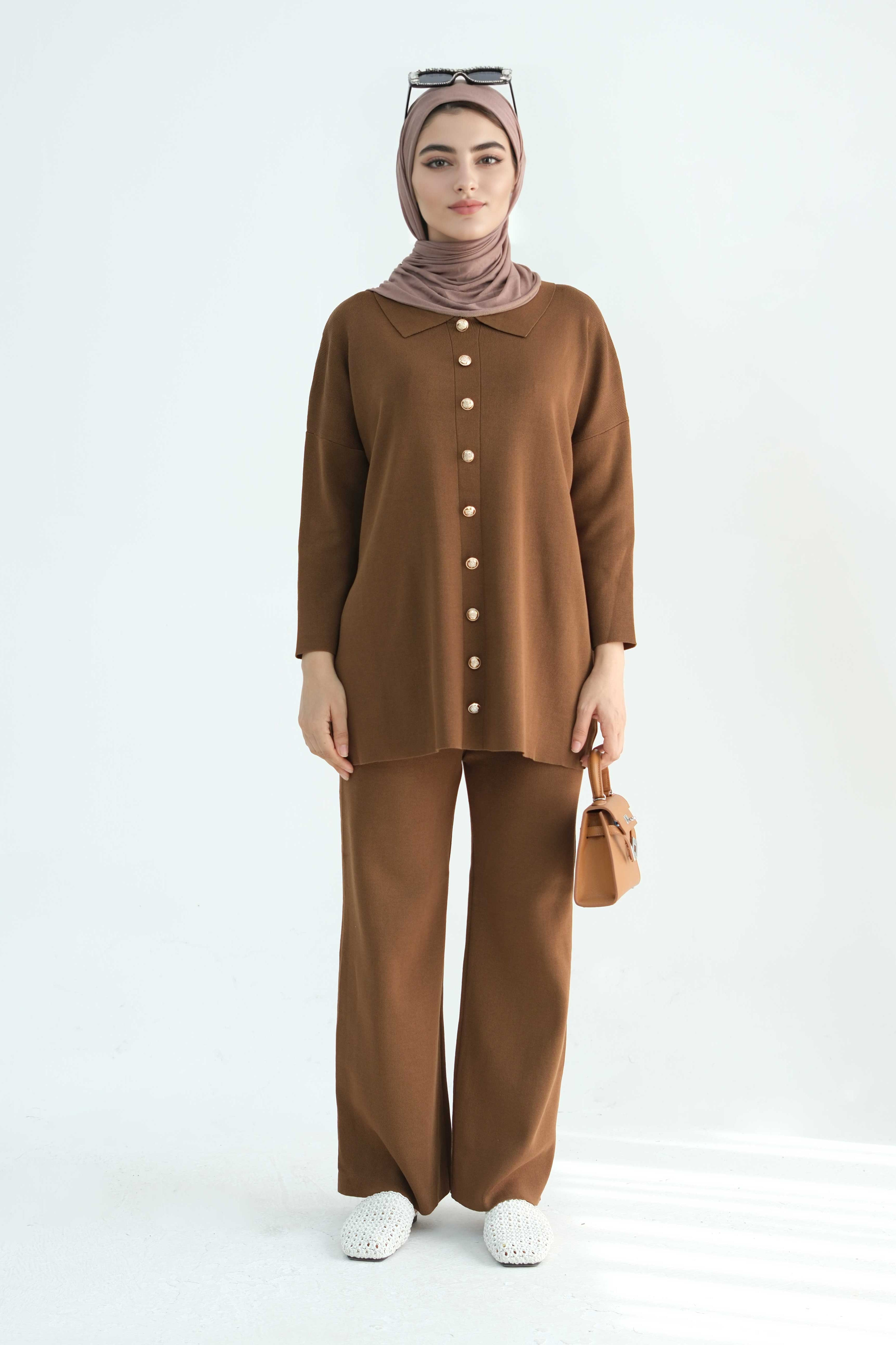 Inas Minimalist Buttoned Abaya Top and Pants Set 869 - Coffee