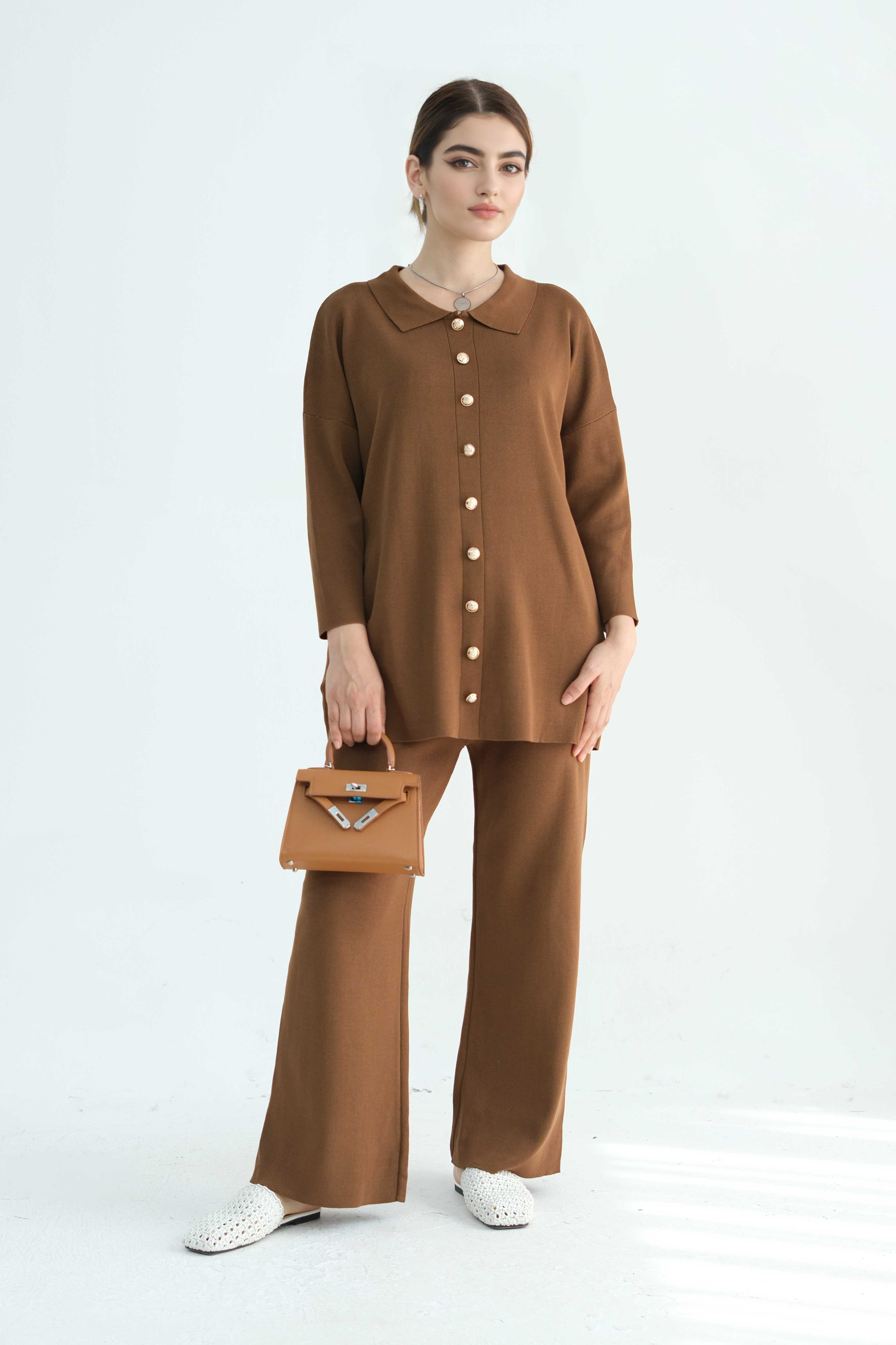 Inas Minimalist Buttoned Abaya Top and Pants Set 869 - Coffee