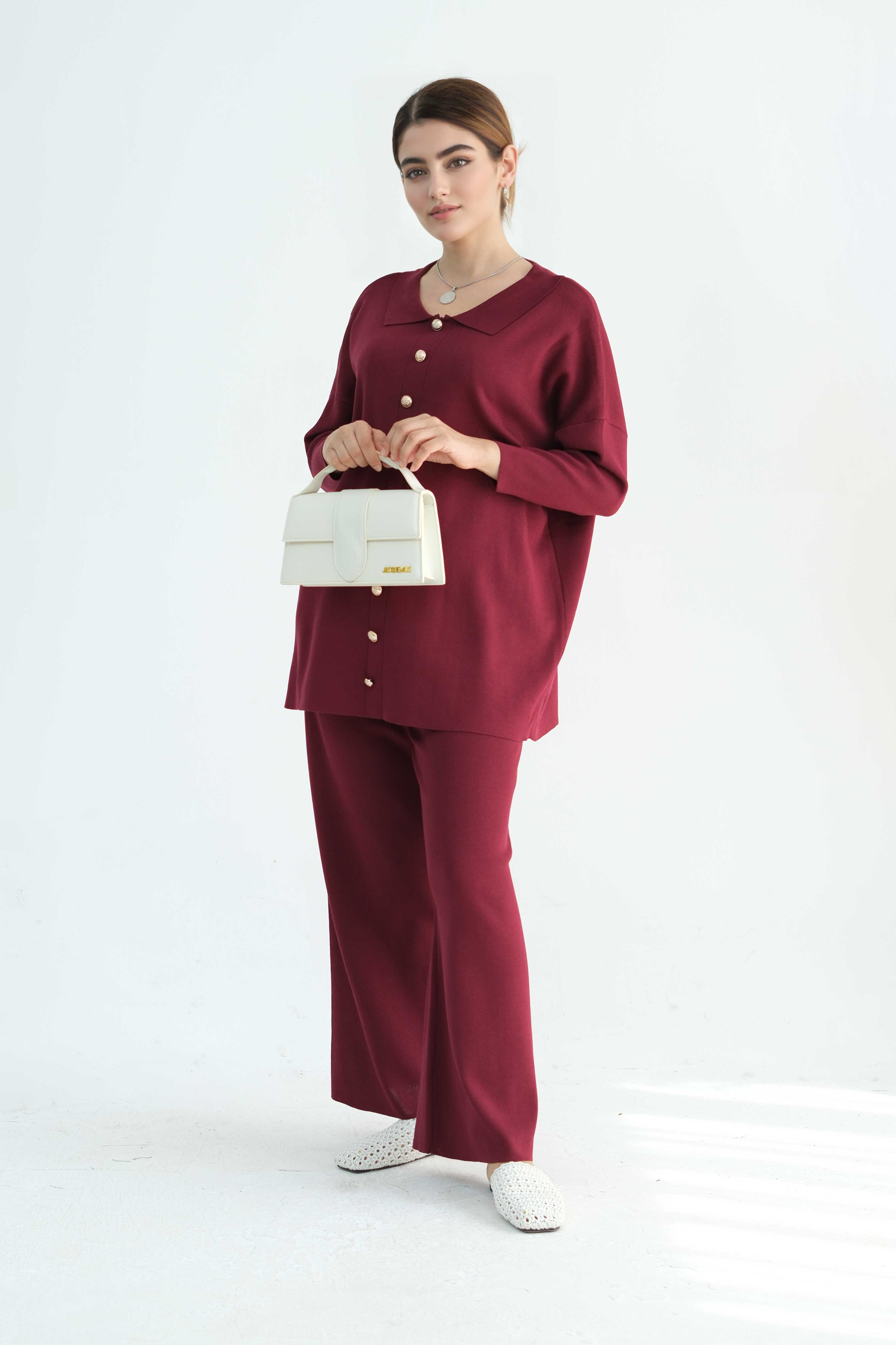 Inas Minimalist Buttoned Abaya Top and Pants Set 869- Dark Red