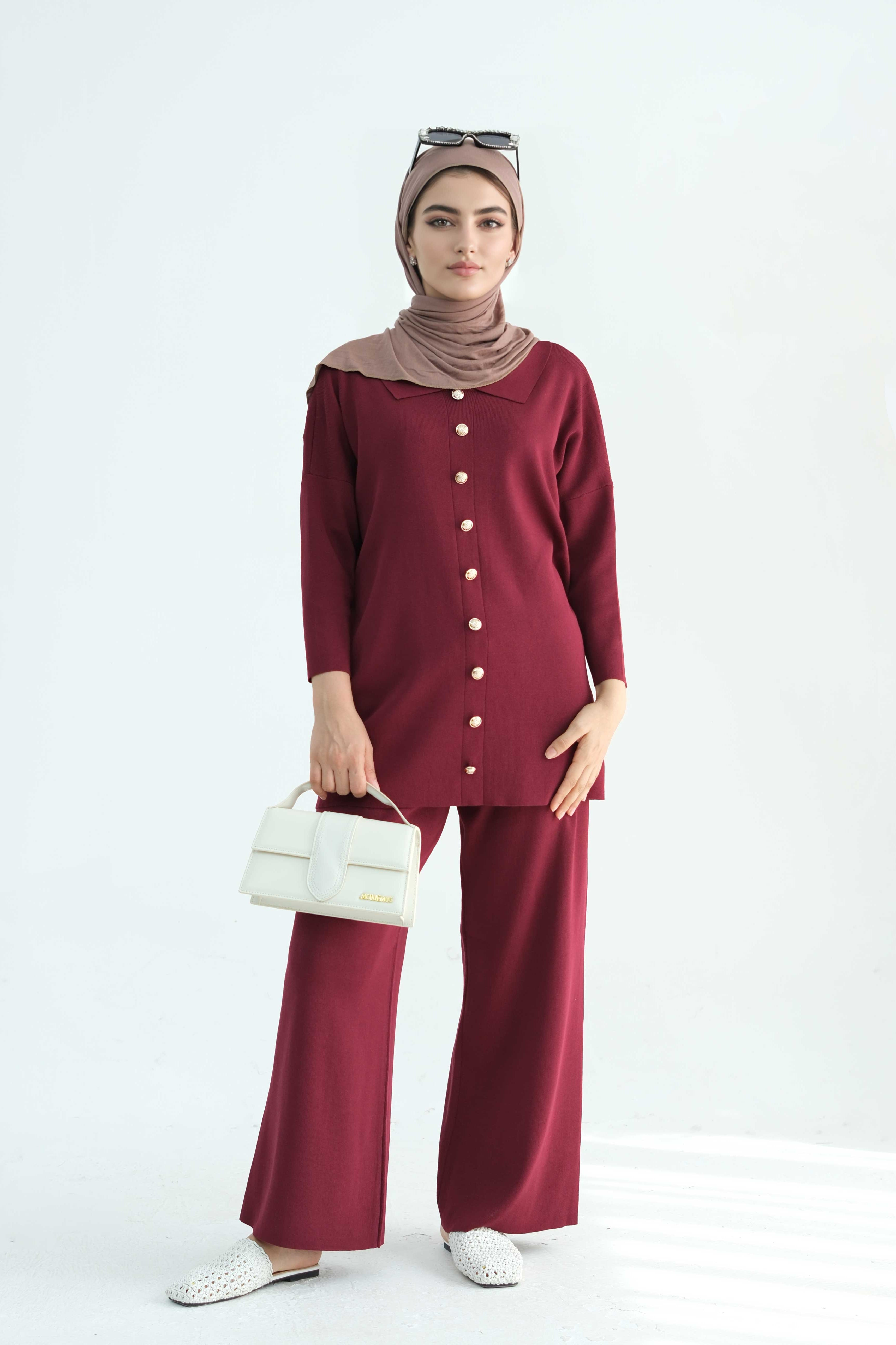 Inas Minimalist Buttoned Abaya Top and Pants Set 869- Dark Red