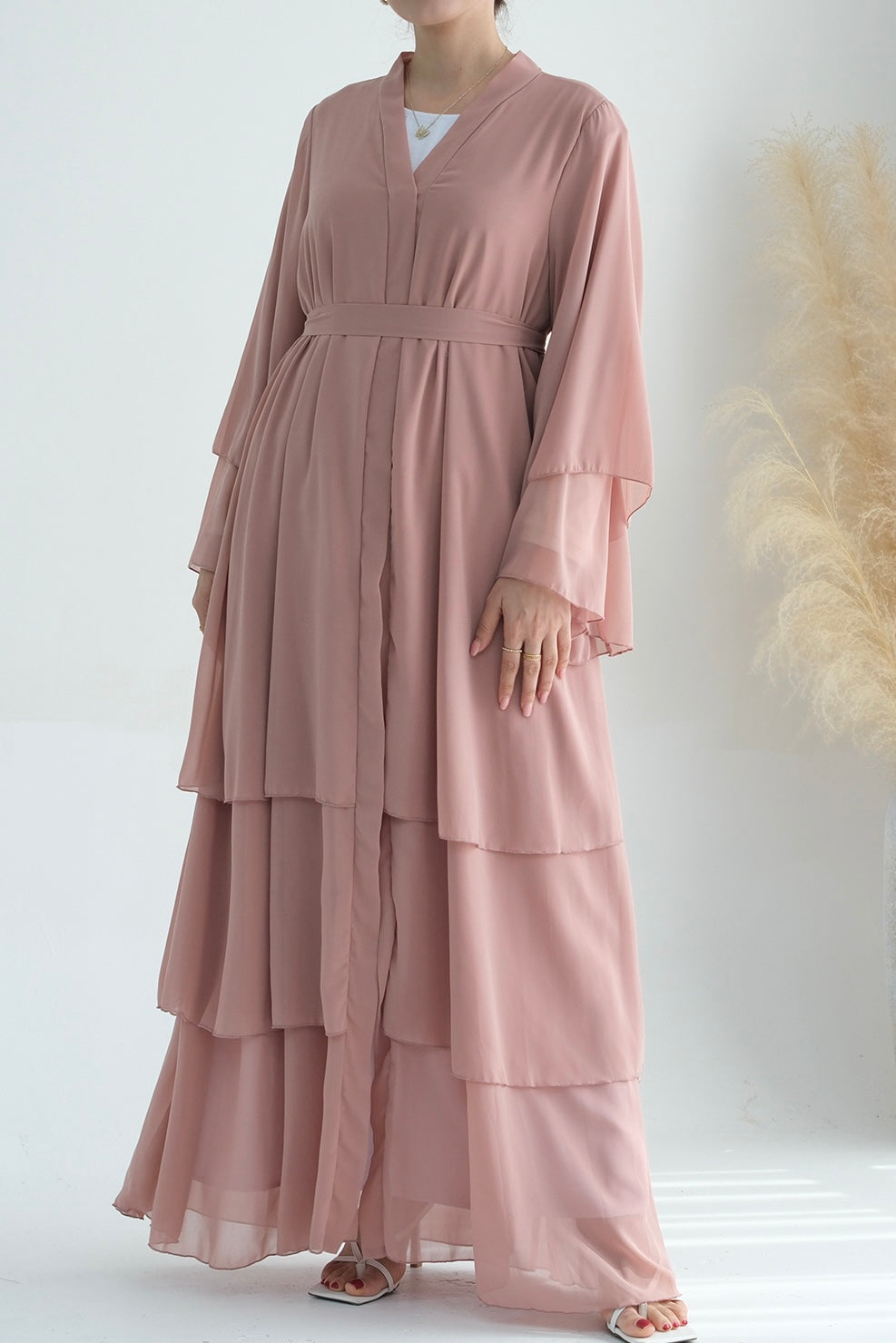 Shiza Chiffon Three-tiered Open Abaya with belt 750-Pink