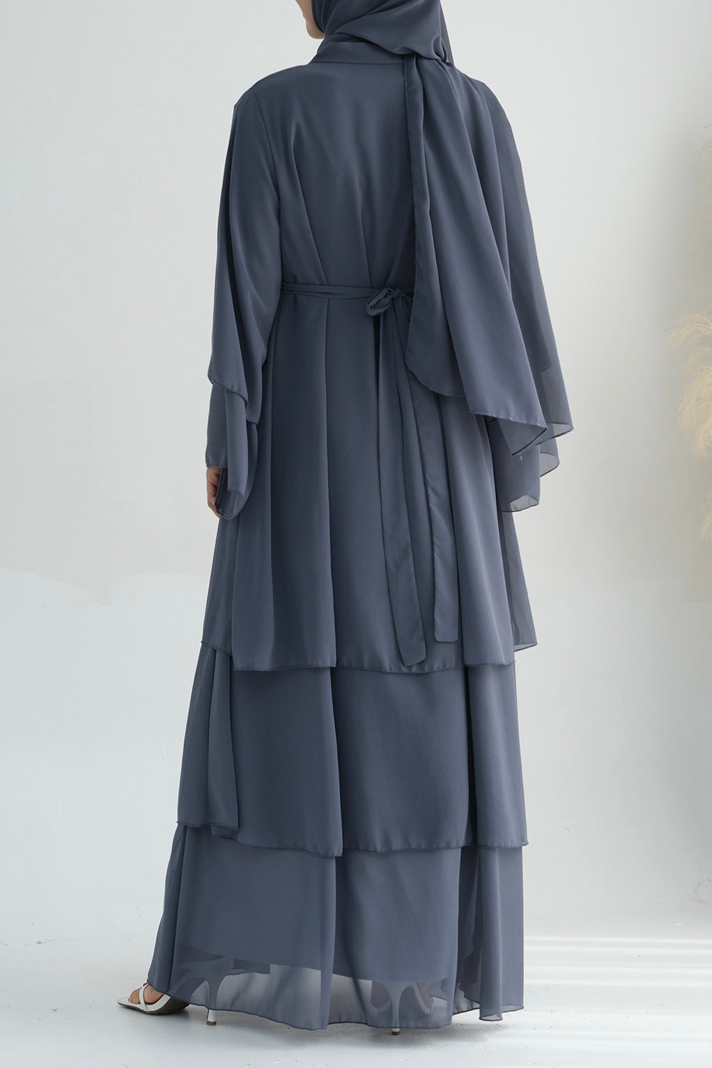 Shiza Chiffon Three-tiered Open abaya with belt 750-Dark Gray