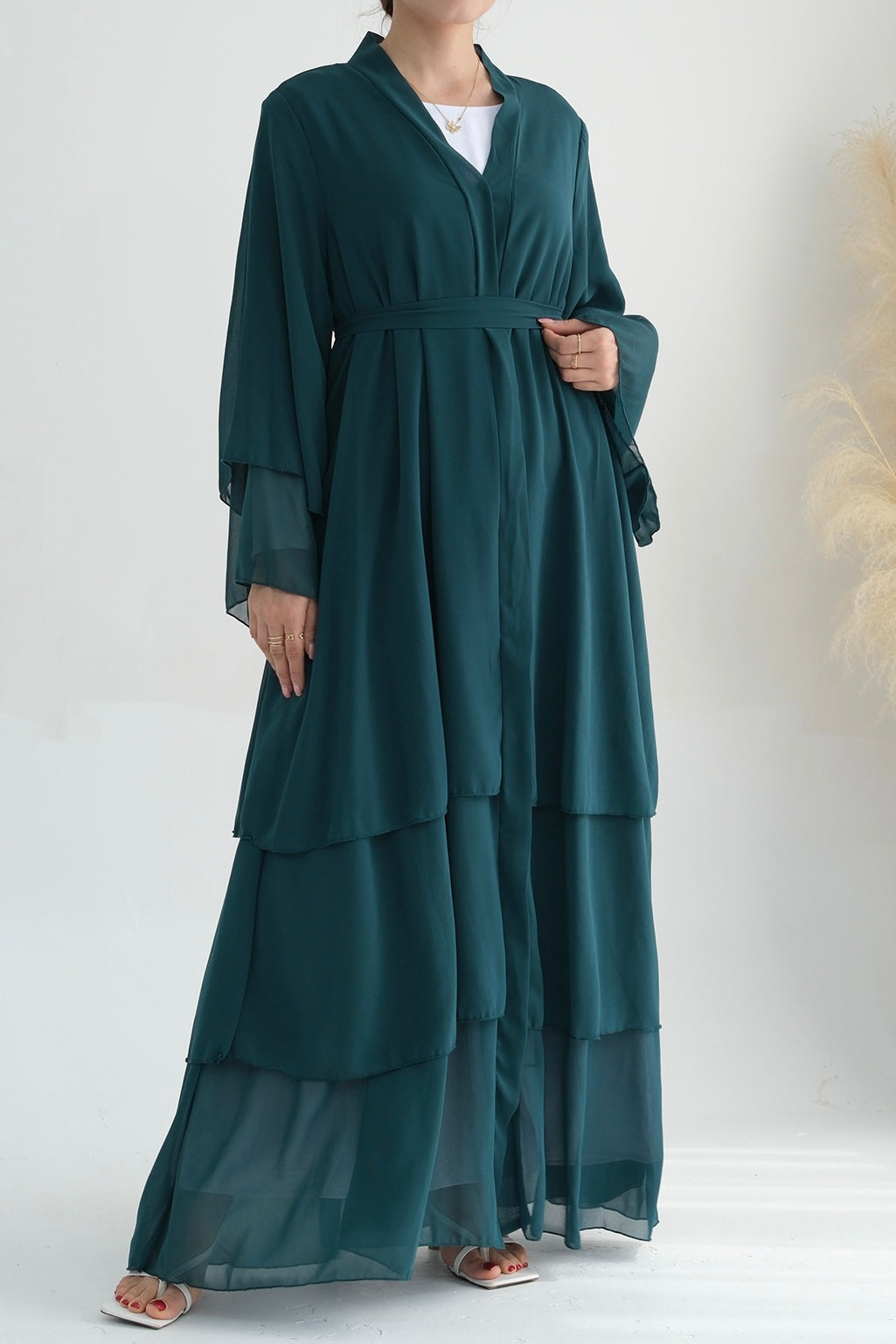 Shiza Chiffon Three-tiered Open Abaya with belt 750-Dark Green