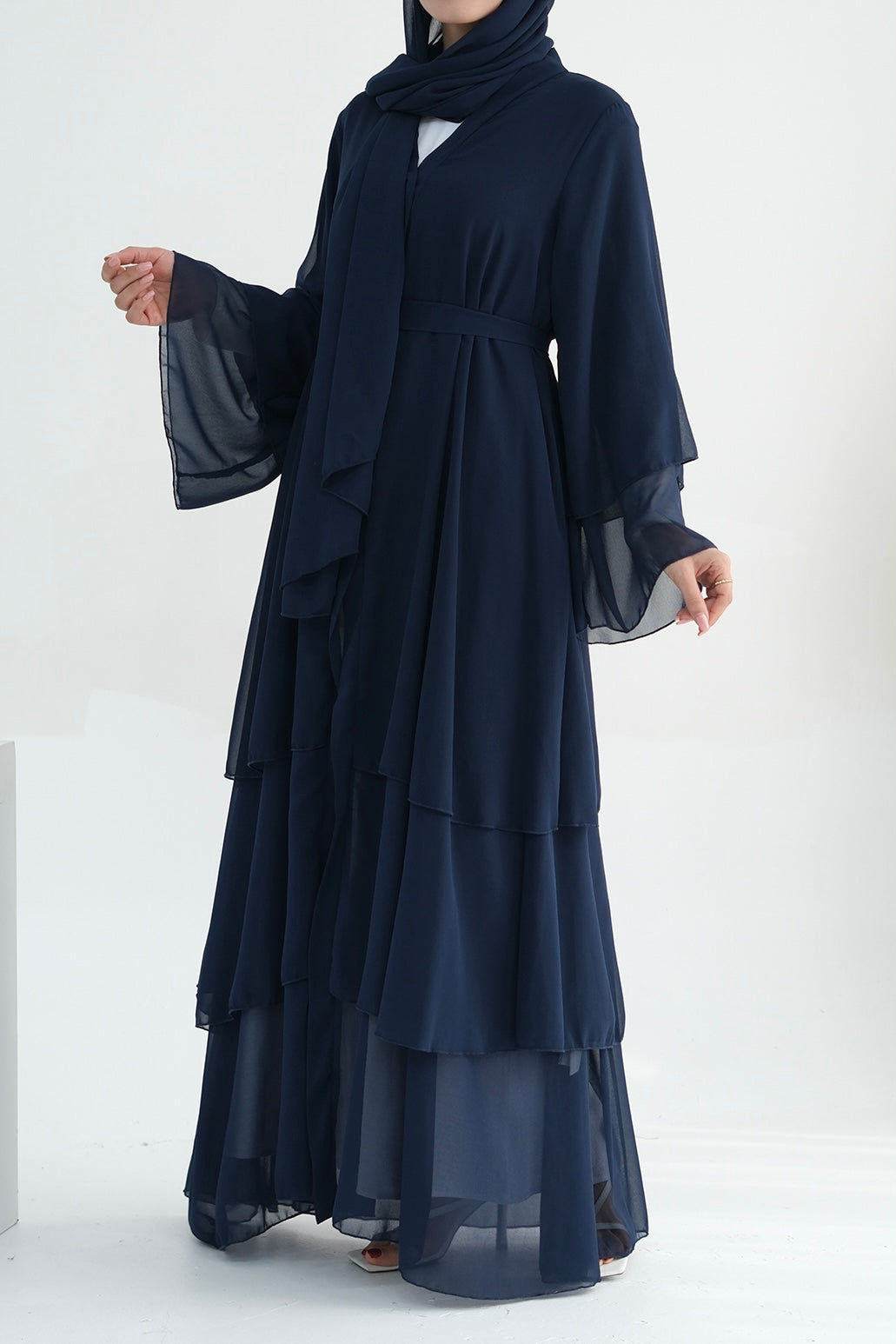 Shiza Chiffon Three-tiered Open abaya with belt 750-Dark Blue