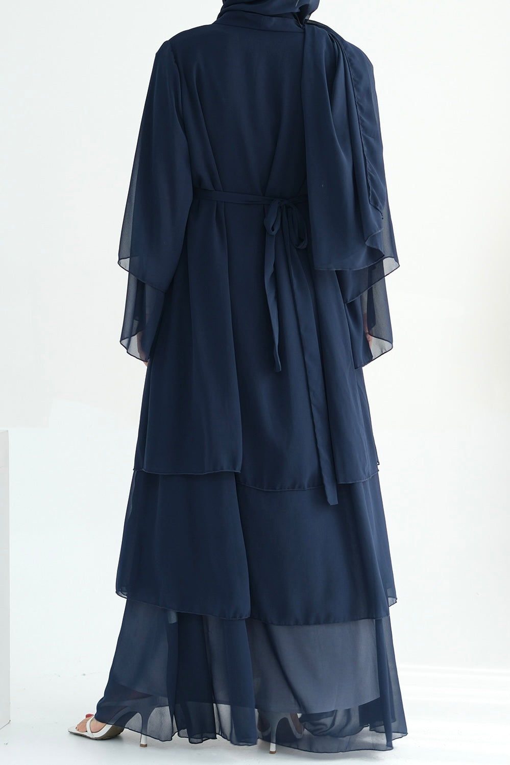 Shiza Chiffon Three-tiered Open abaya with belt 750-Dark Blue