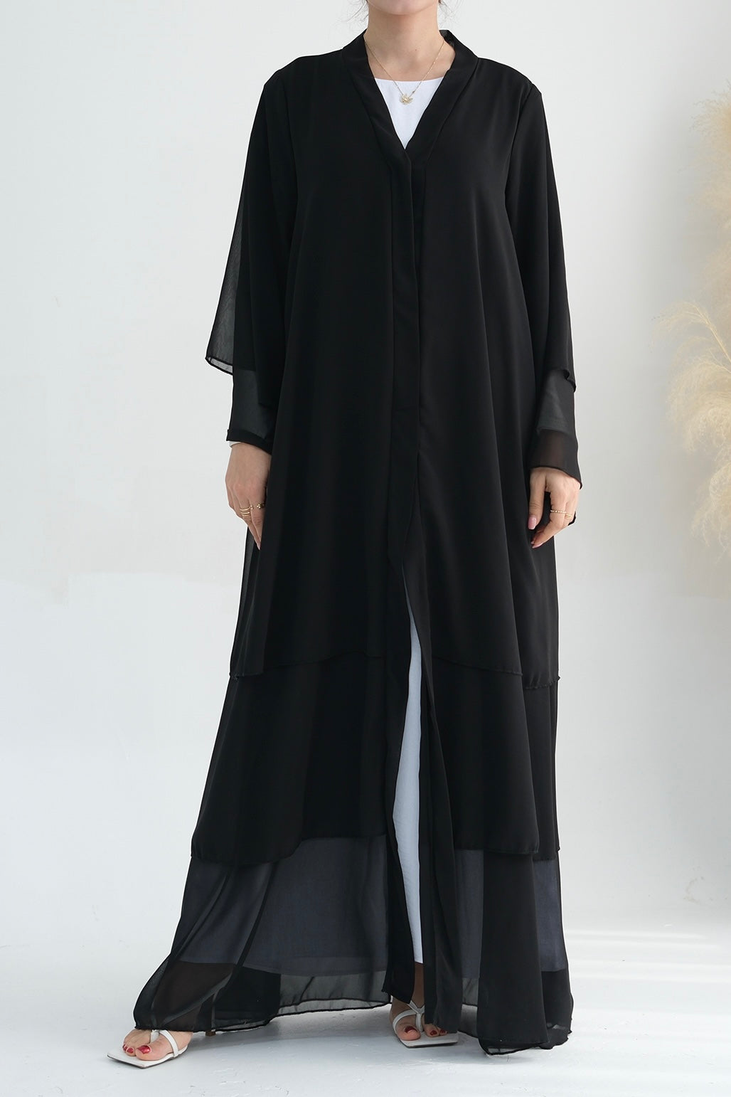 Shiza Chiffon Three-Tiered Open Abaya with belt 750-Black