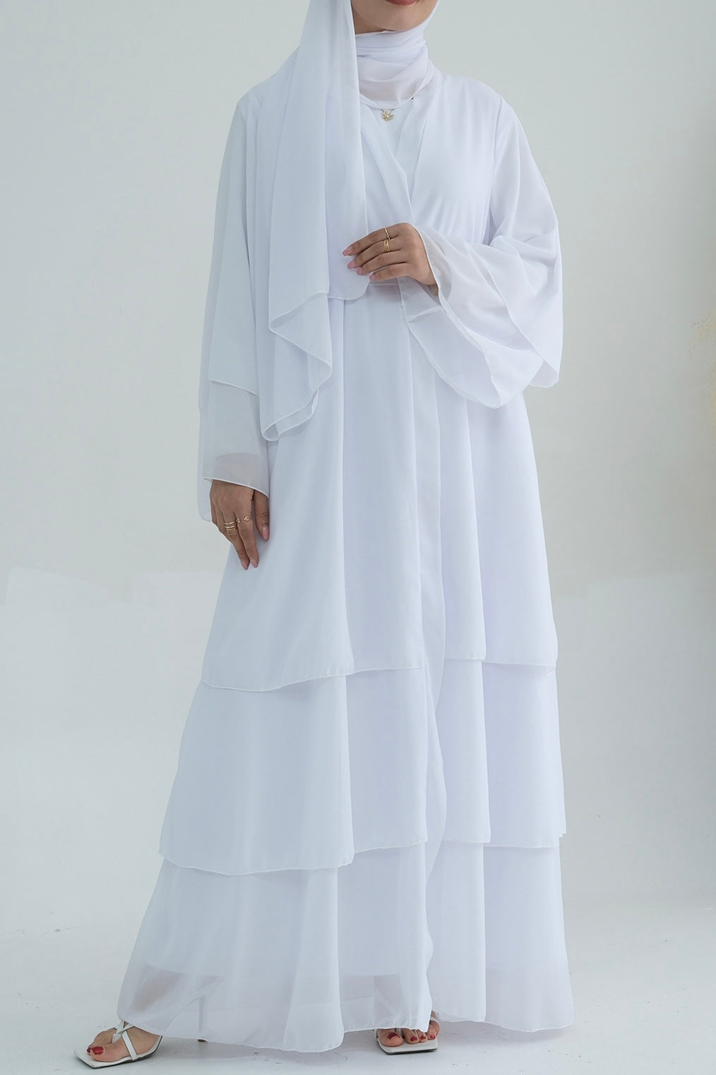 Shiza Chiffon Three-Tiered Open Abaya with belt 750-White