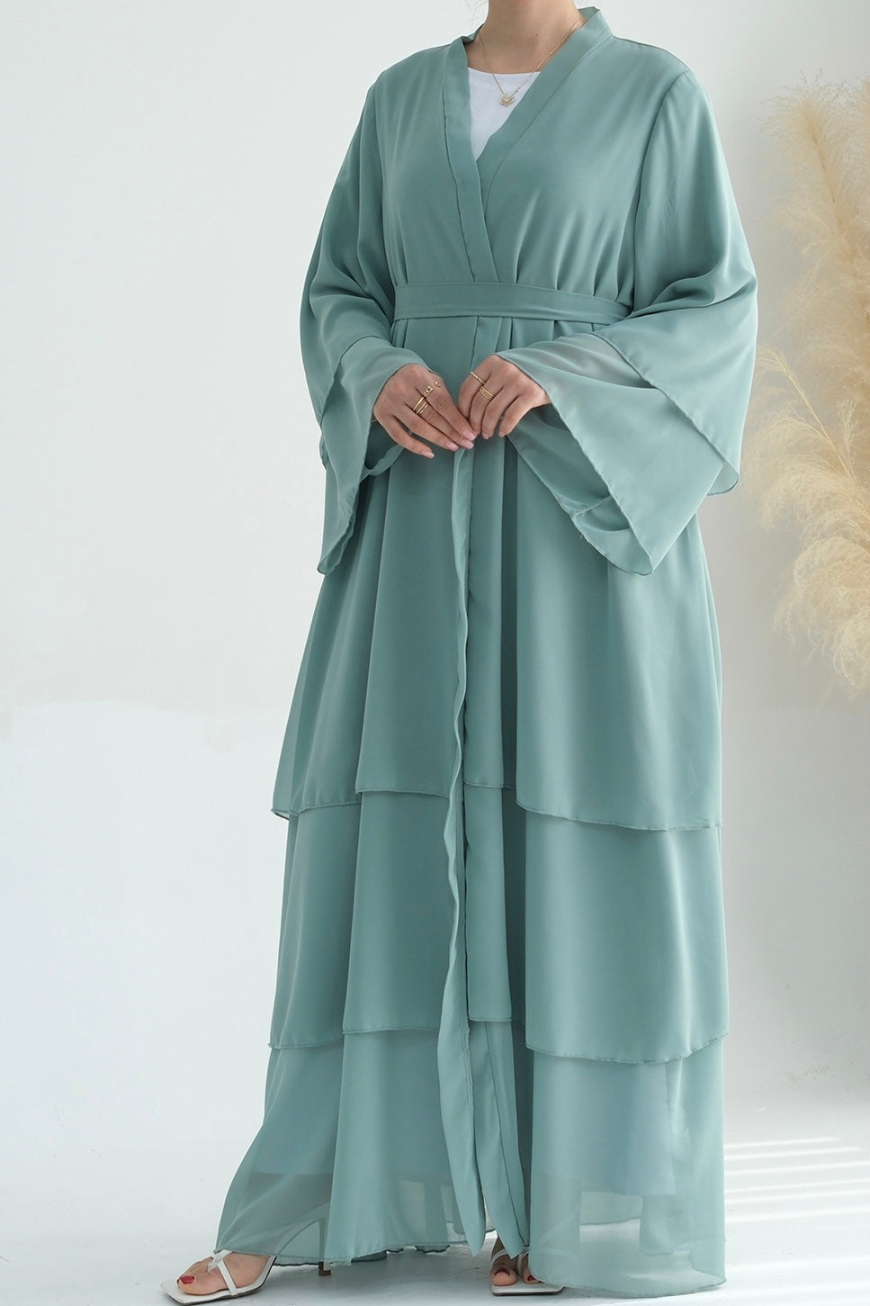 Shiza Chiffon Three-Tiered Open Abaya with belt 750-Light Green