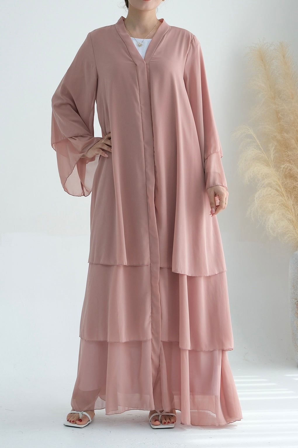 Shiza Chiffon Three-tiered Open Abaya with belt 750-Pink