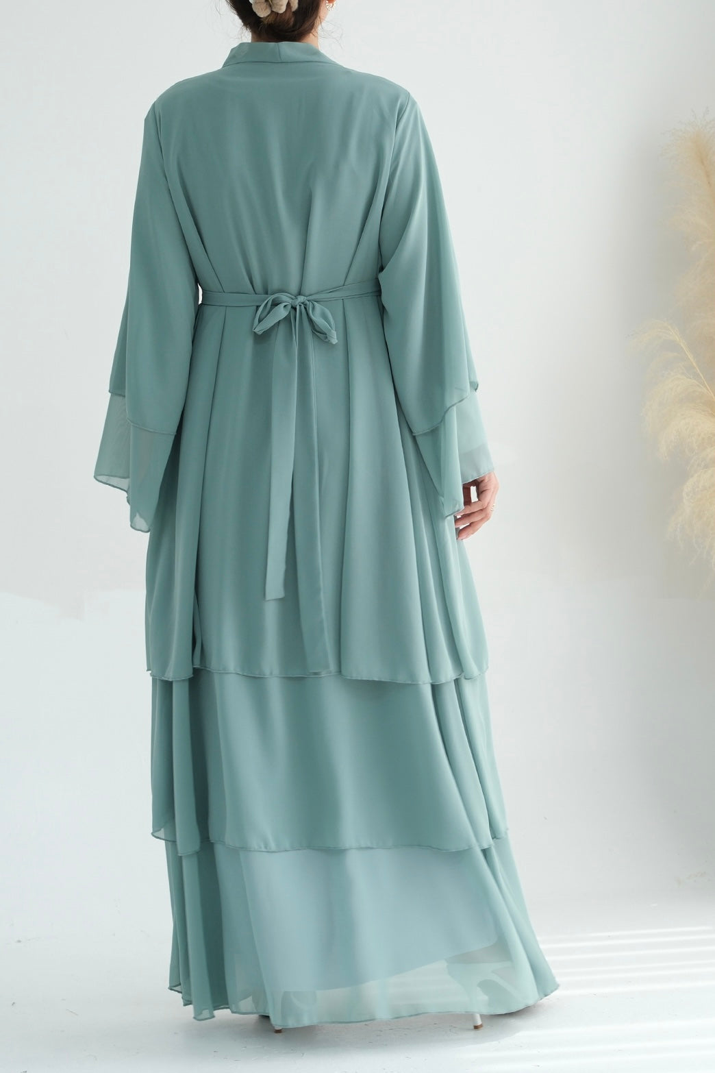 Shiza Chiffon Three-Tiered Open Abaya with belt 750-Light Green