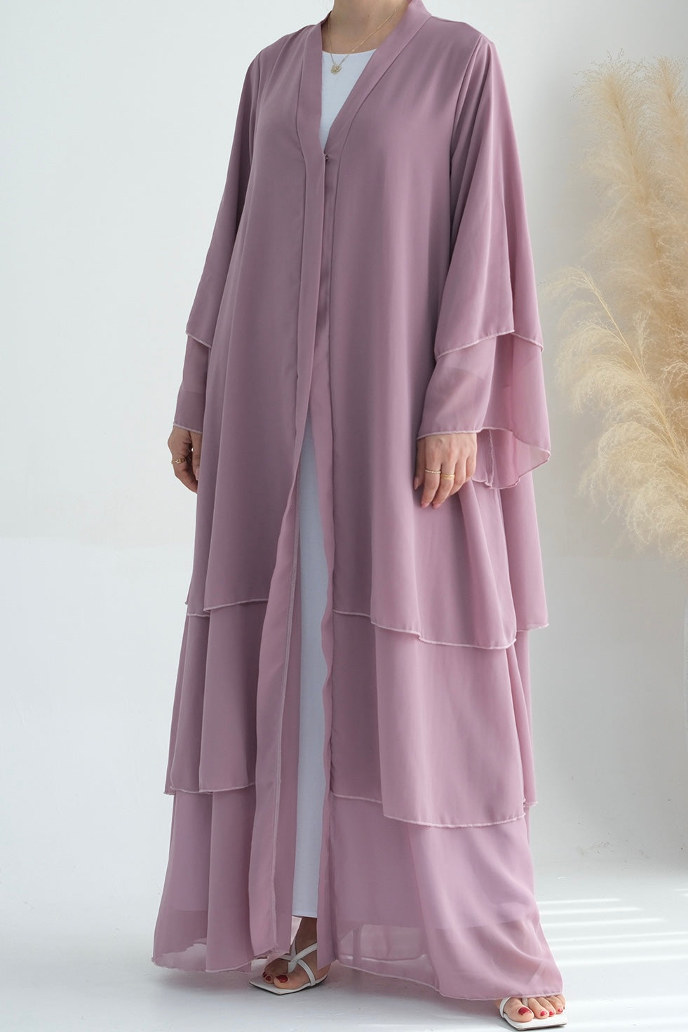 Shiza Chiffon Three-tiered Open abaya with belt 750-Light Purple