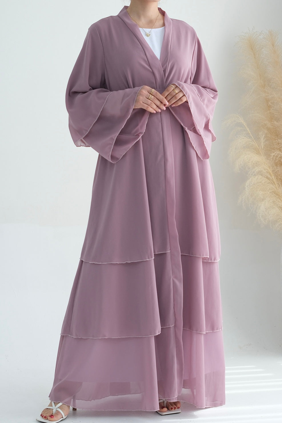 Shiza Chiffon Three-tiered Open abaya with belt 750-Light Purple