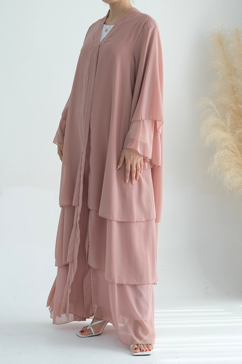 Shiza Chiffon Three-tiered Open Abaya with belt 750-Pink