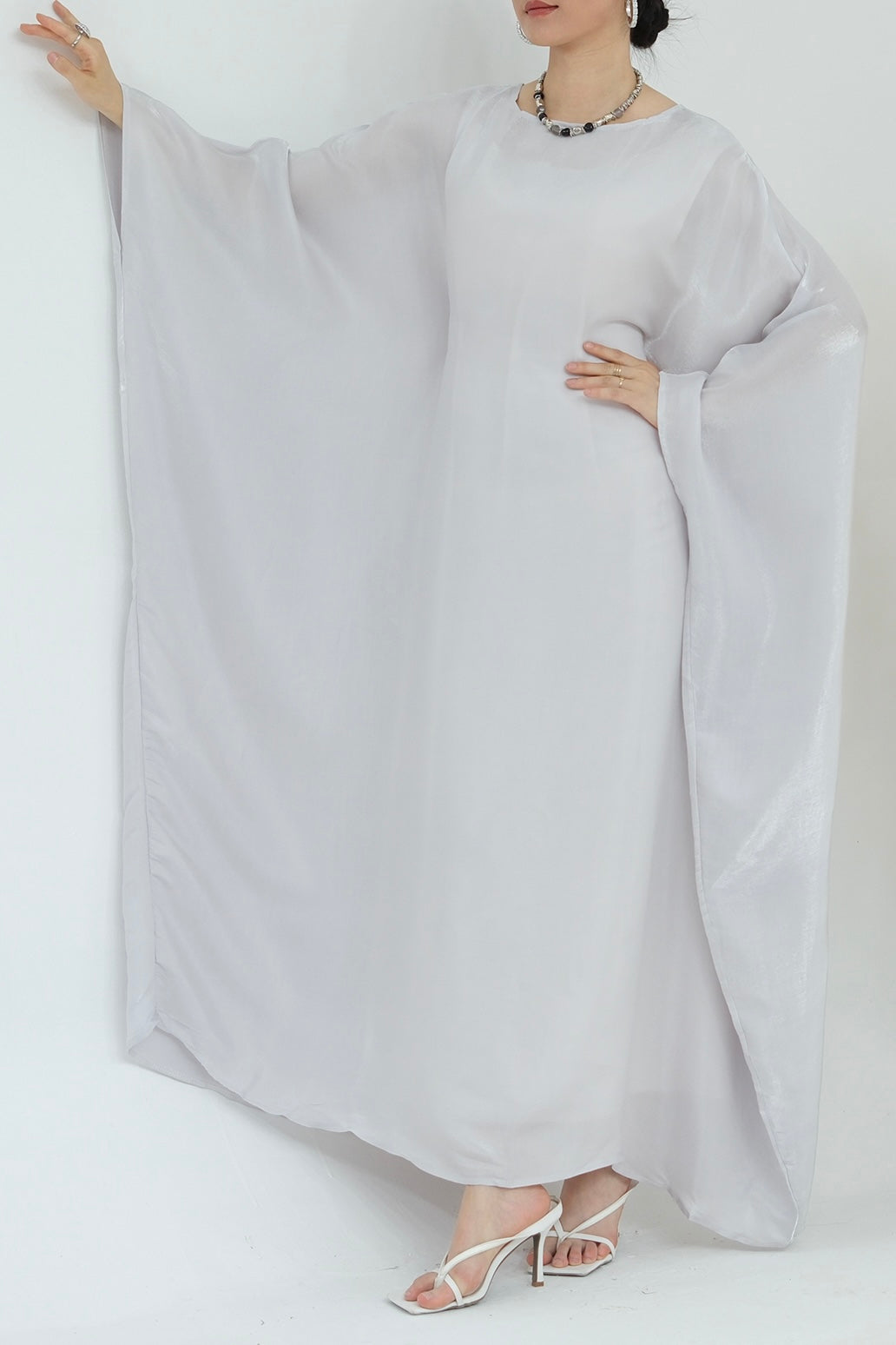 Anita Shiny Batwing Butterfly Sleeve Maxi Dress Kaftan Abaya 770-Light Gray