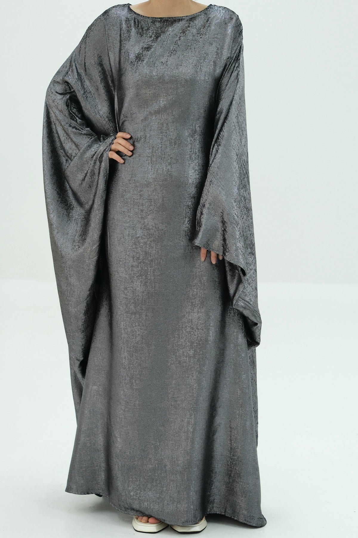 Kayla Shiny Metallic Shimmer Batwing Butterfly Sleeve Maxi Dress Kaftan Abaya 778-Gray