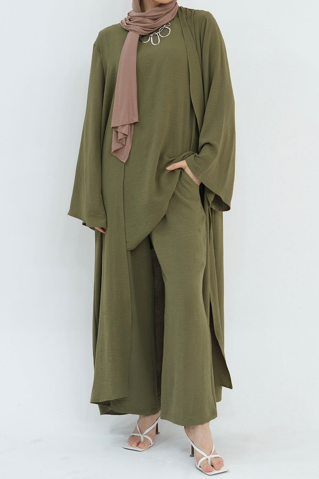 Sadia Stylish Casual Three-Piece Abaya Set 779-Army Green