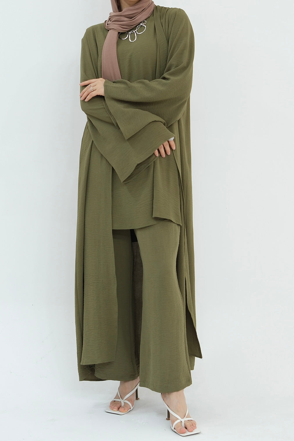 Sadia Stylish Casual Three-Piece Abaya Set 779-Army Green