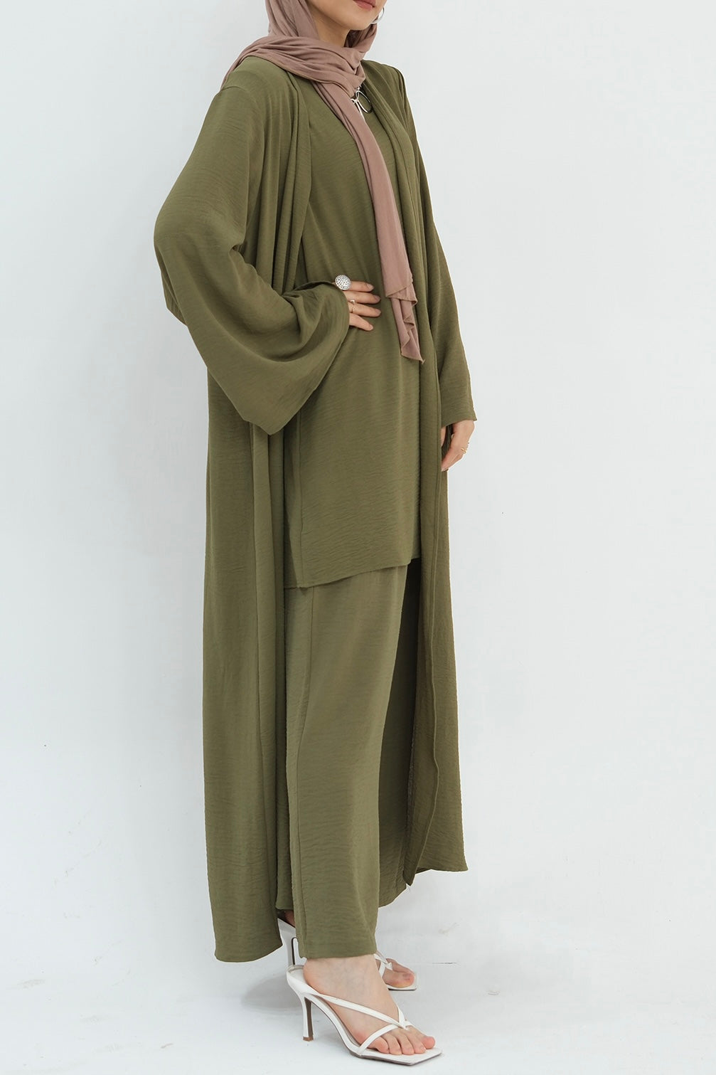 Sadia Stylish Casual Three-Piece Abaya Set 779-Army Green