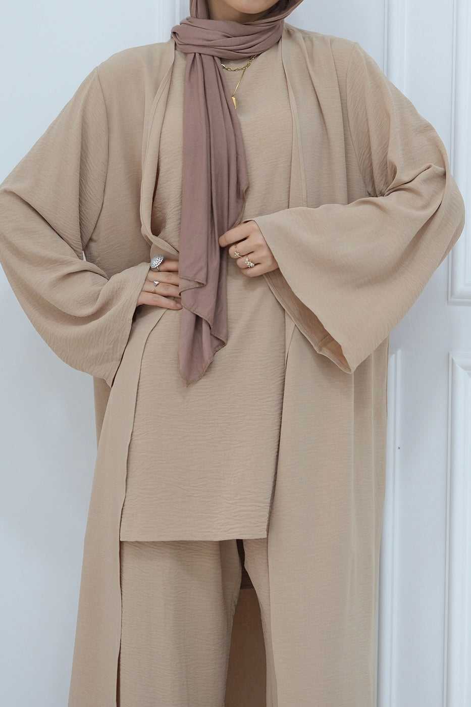 Sadia Stylish Casual Three-Piece Abaya Set 779-Khaki