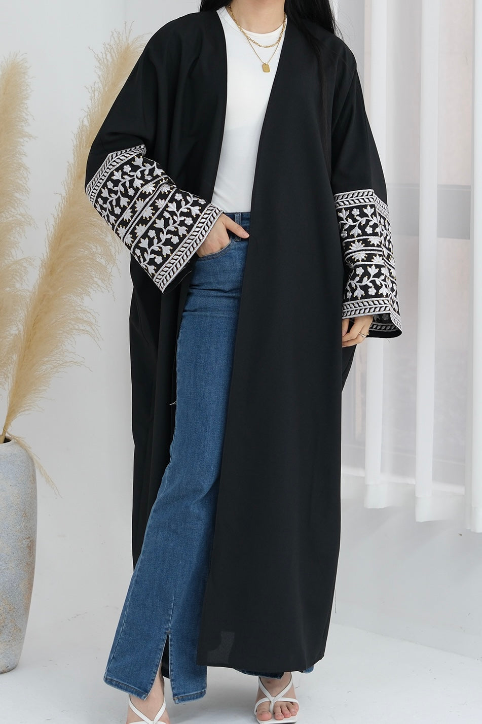 Ayra Flowers Embroidery Modest Open Abaya 784 - Black