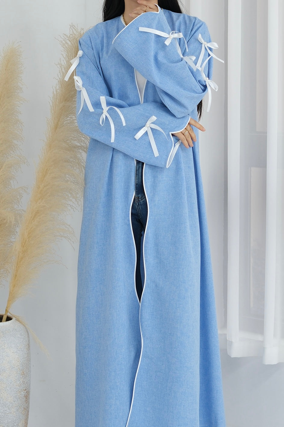 Lana Ribbon Bow Modest Open Abaya 800 - Blue