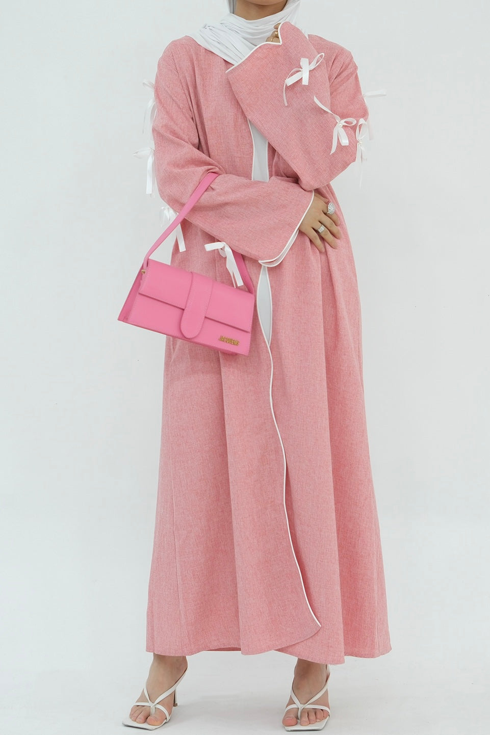 Lana Ribbon Bow Modest Open Abaya 800 - Pink