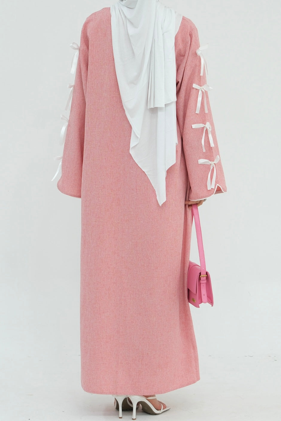 Lana Ribbon Bow Modest Open Abaya 800 - Pink