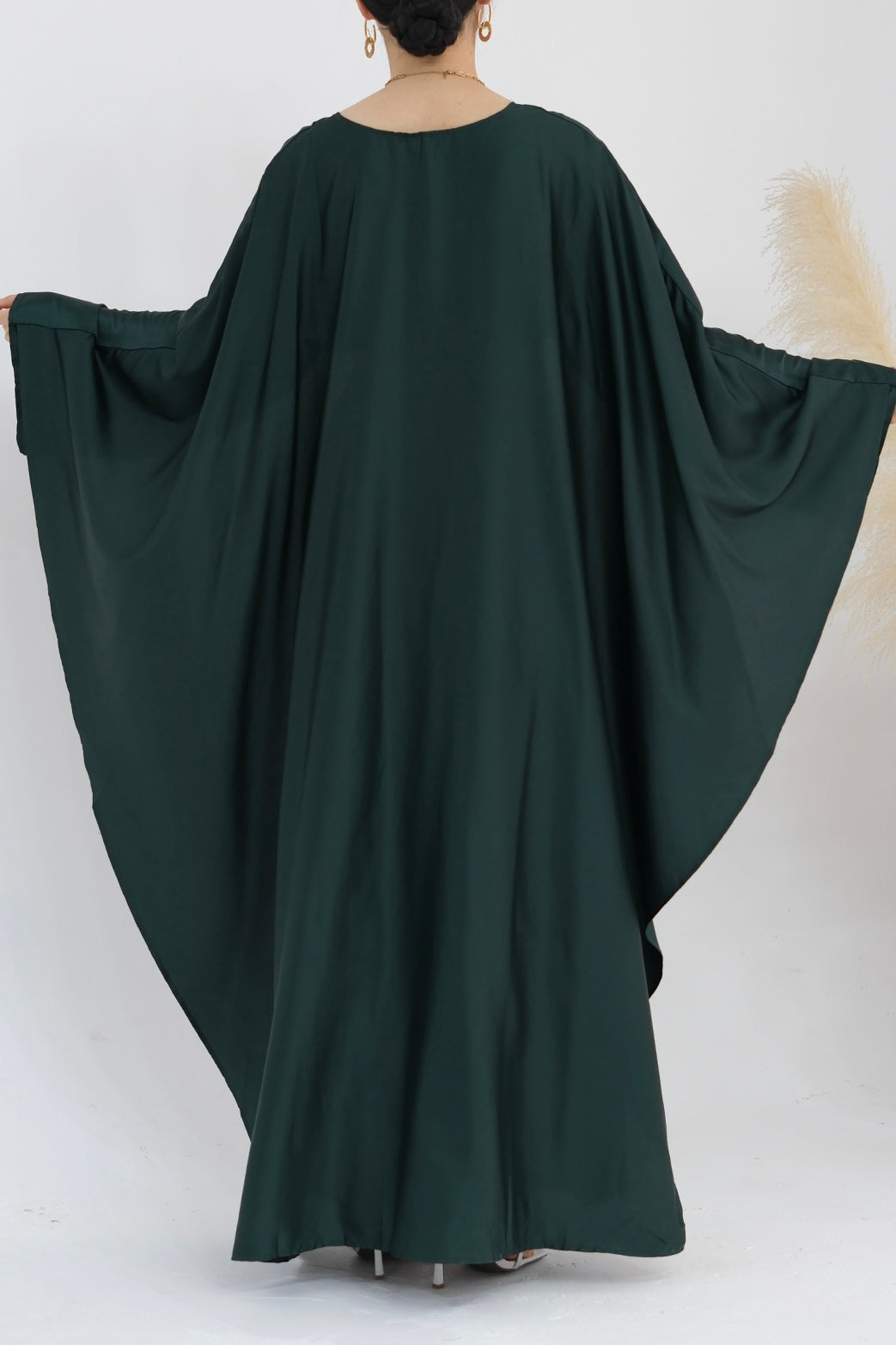 Ella Silky Satin Batwing Butterfly Sleeves Kaftan Maxi Dress Abaya 803- Dark Green