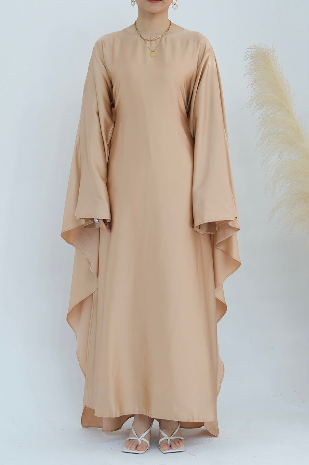 Ella Silky Satin Batwing Butterfly Sleeves Kaftan Maxi Dress Abaya  803 - Beige