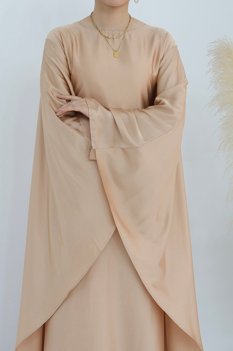 Ella Silky Satin Batwing Butterfly Sleeves Kaftan Maxi Dress Abaya  803 - Beige