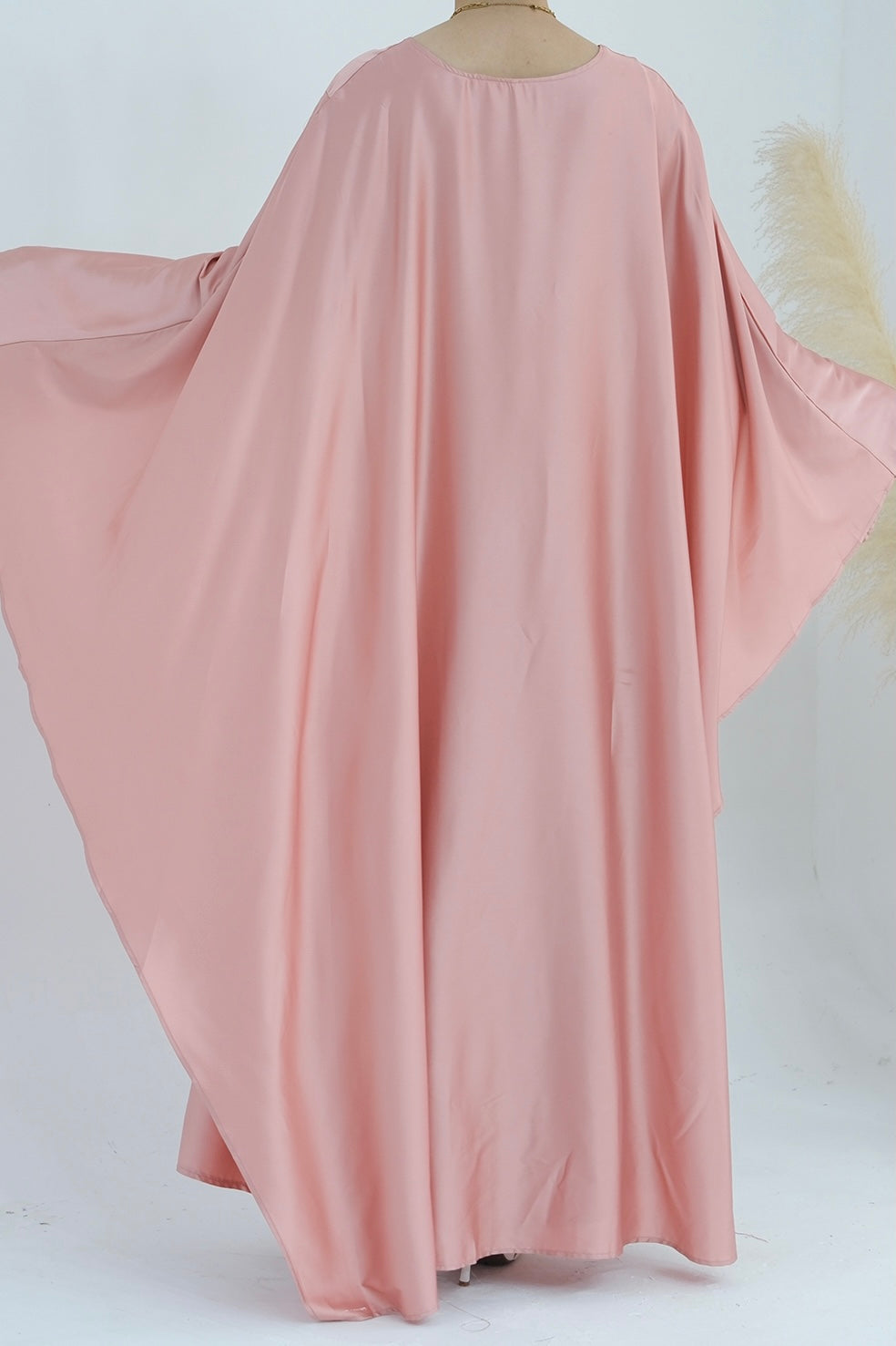 Ella Silky Satin Batwing Butterfly Sleeves Kaftan Maxi Dress Abaya 803- Pink