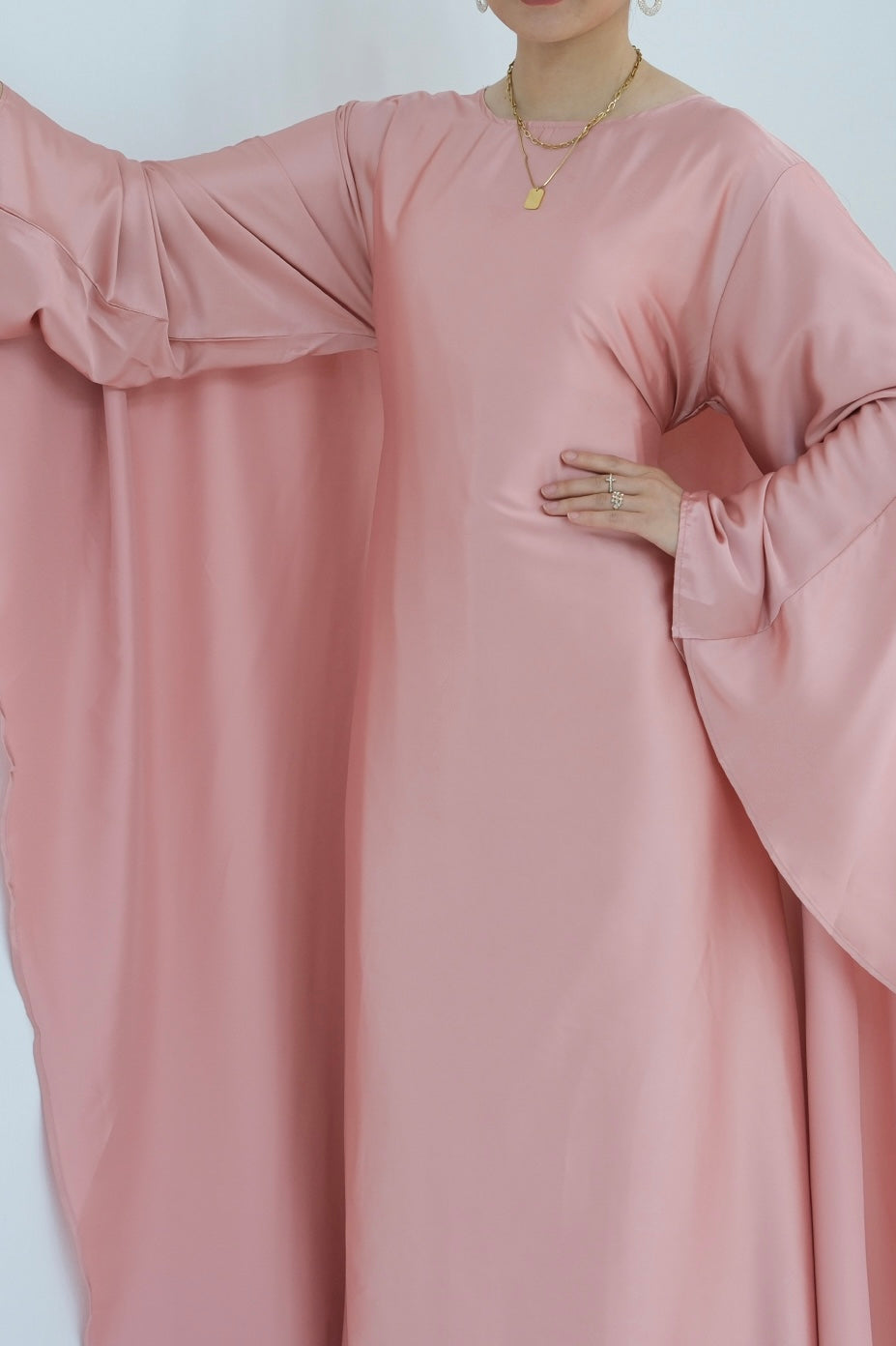 Ella Silky Satin Batwing Butterfly Sleeves Kaftan Maxi Dress Abaya 803- Pink