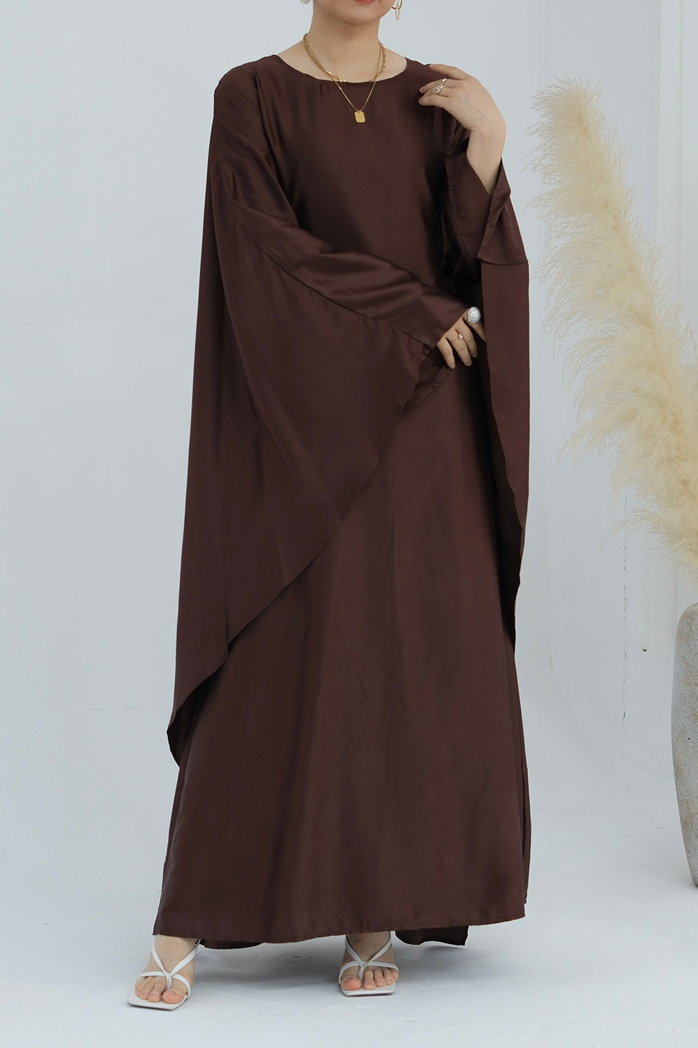 Ella Silky Satin Batwing Butterfly Sleeves Kaftan Maxi Dress Abaya 803 - Coffee