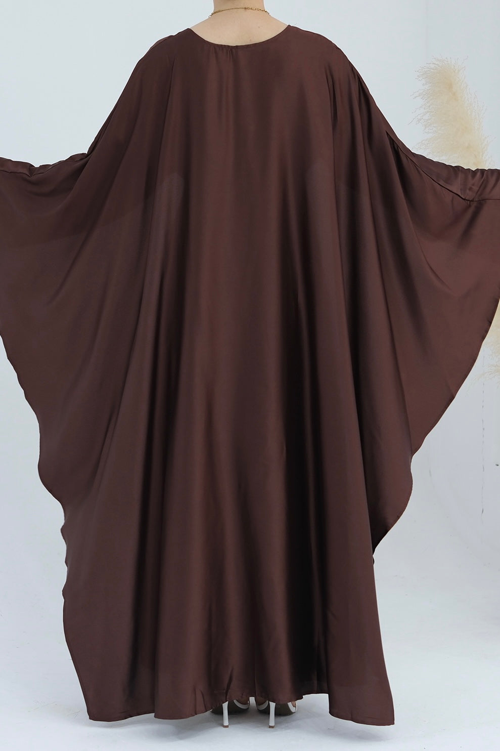 Ella Silky Satin Batwing Butterfly Sleeves Kaftan Maxi Dress Abaya 803 - Coffee