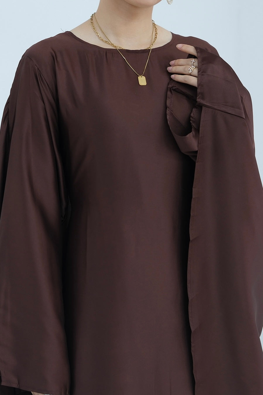 Ella Silky Satin Batwing Butterfly Sleeves Kaftan Maxi Dress Abaya 803 - Coffee