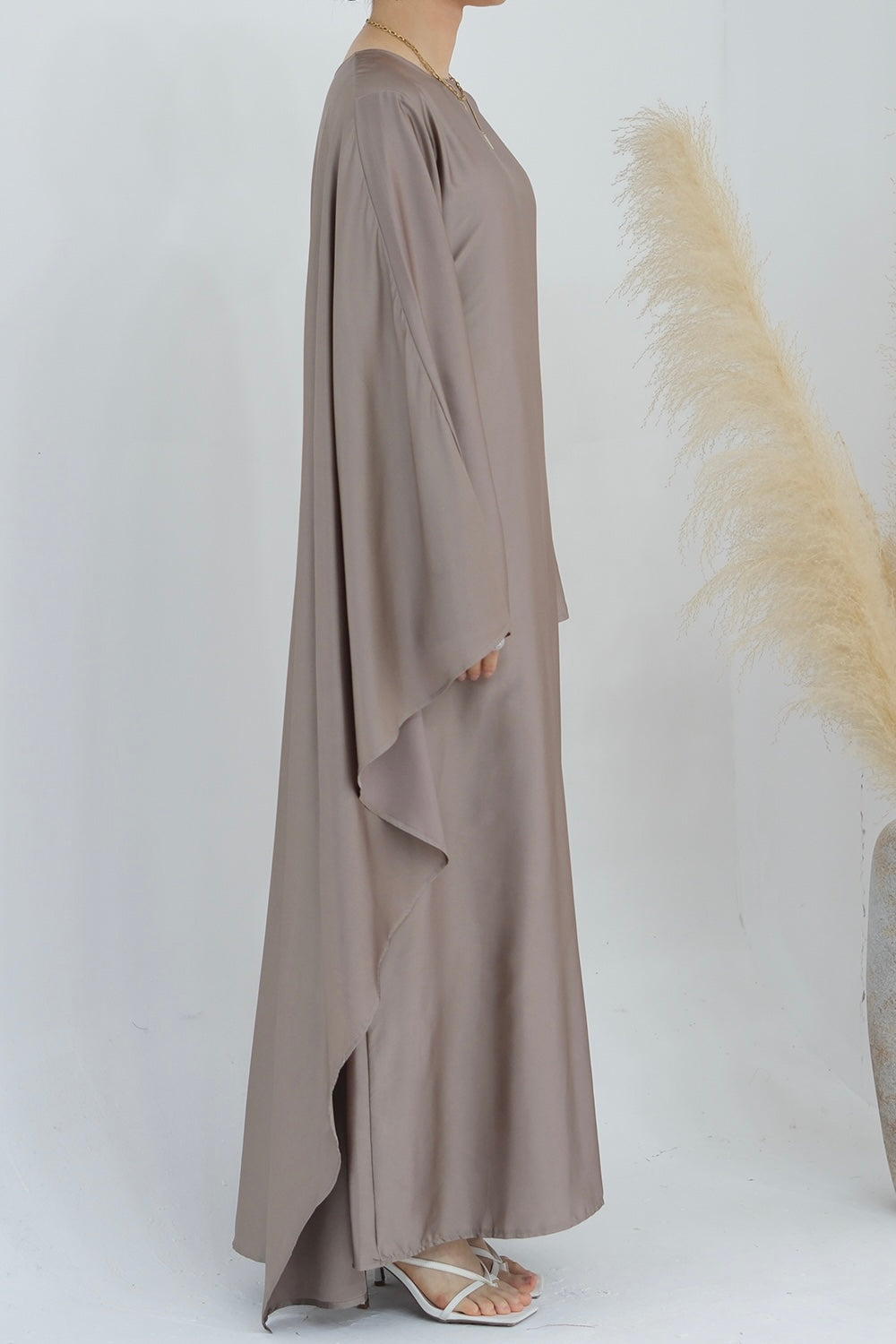 Ella Silky Satin Batwing Butterfly Sleeves Kaftan Maxi Dress Abaya 803 - Mauve