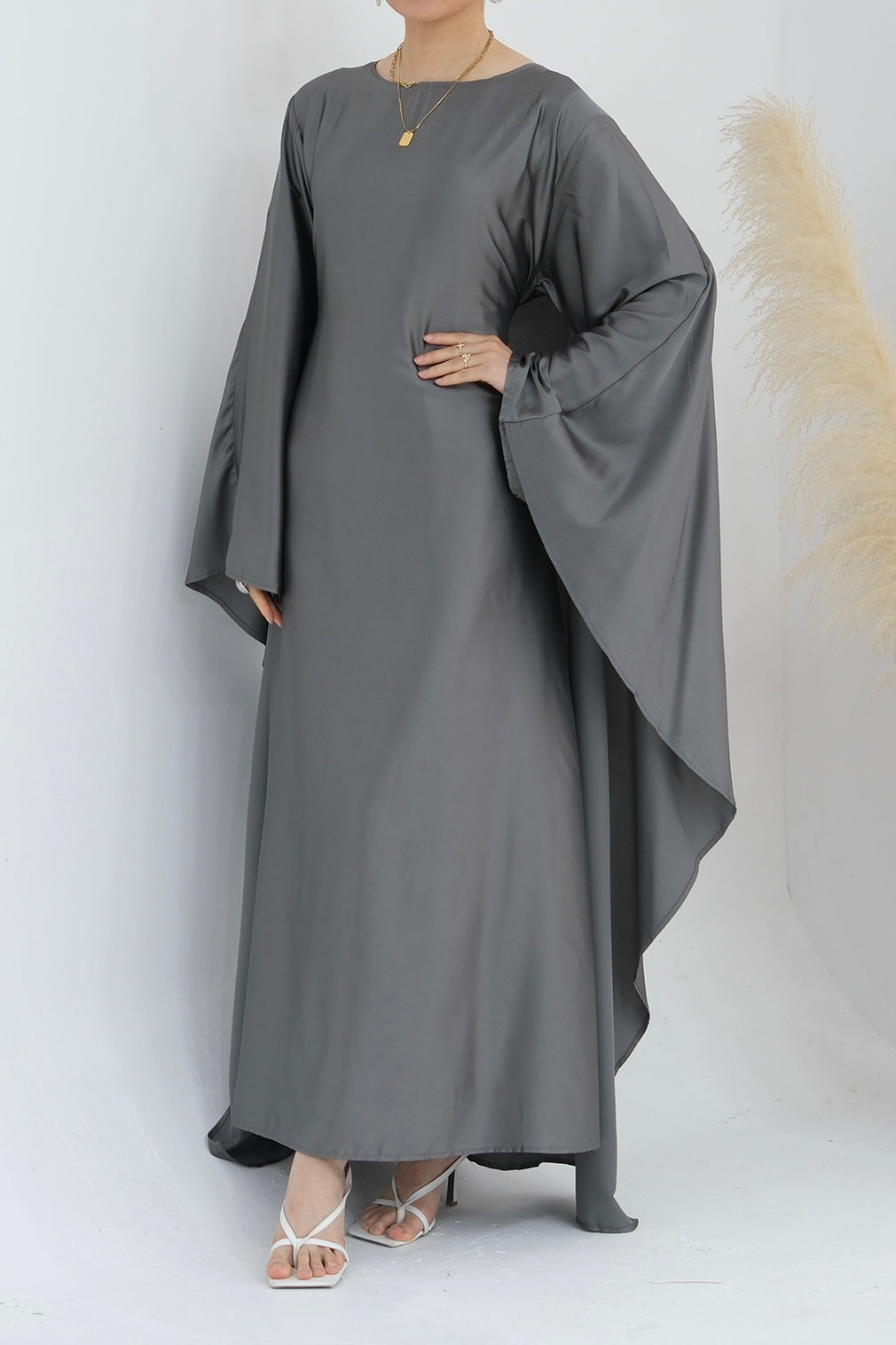 Ella Silky Satin Batwing Butterfly Sleeves Kaftan Maxi Dress Abaya 803 - Dark Gray