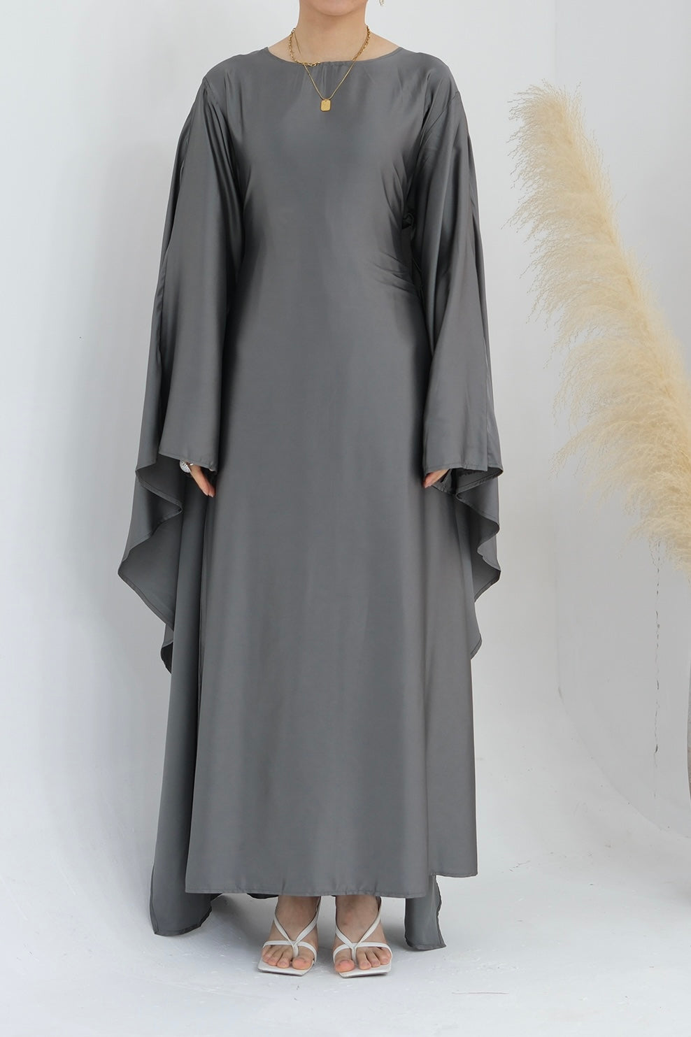 Ella Silky Satin Batwing Butterfly Sleeves Kaftan Maxi Dress Abaya 803 - Dark Gray