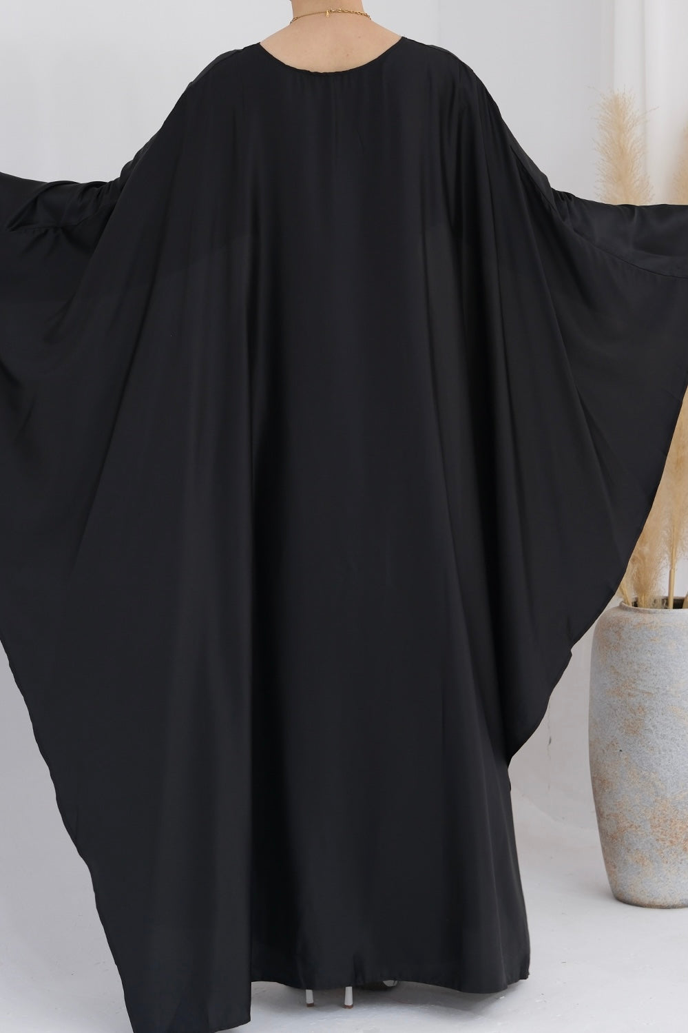 Ella Silky Satin Batwing Butterfly Sleeves Kaftan Maxi Dress Abaya 803 - Black