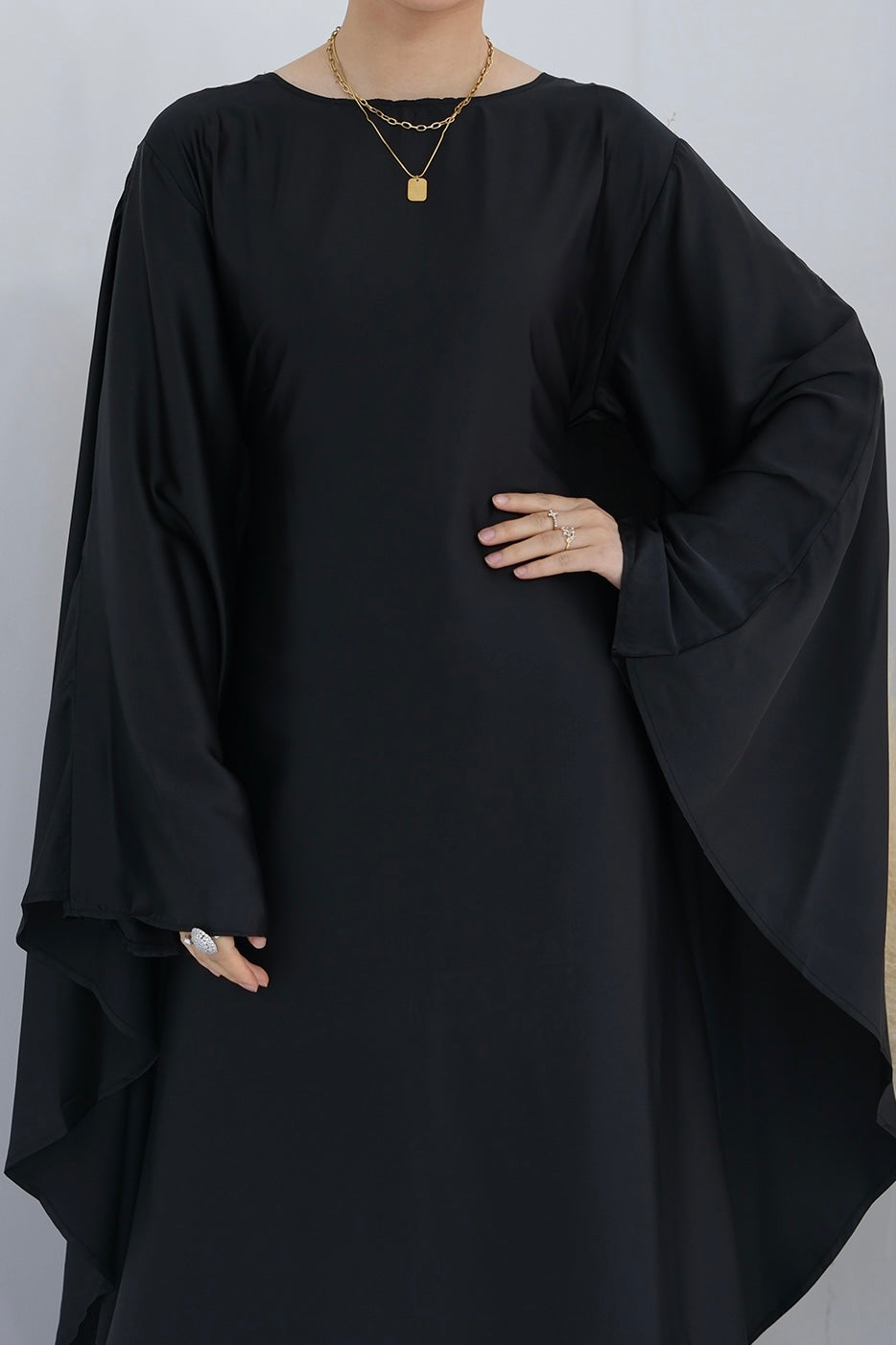 Ella Silky Satin Batwing Butterfly Sleeves Kaftan Maxi Dress Abaya 803 - Black