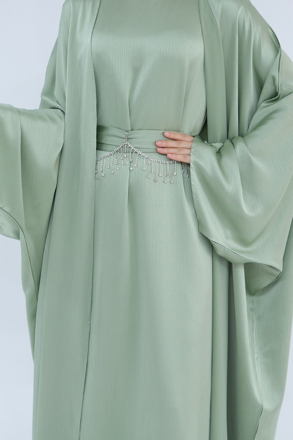 Jalilah 2PCS Modest Abaya Set with Crystal Chain 806 - Mint Green