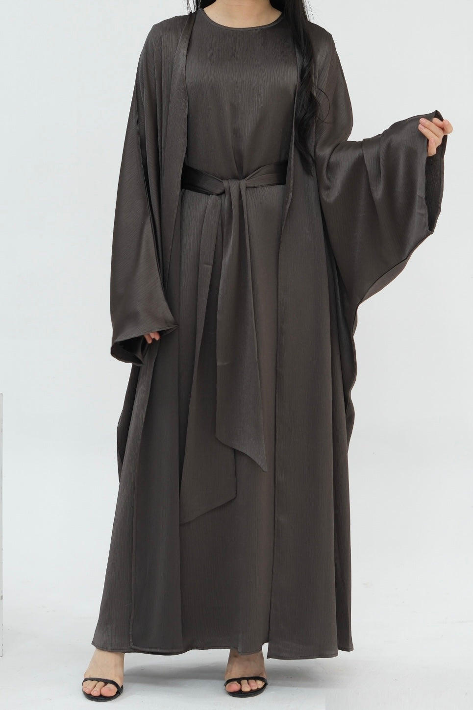 Jalilah 2PCS Modest Abaya Set with Crystal Chain 806 - Gray