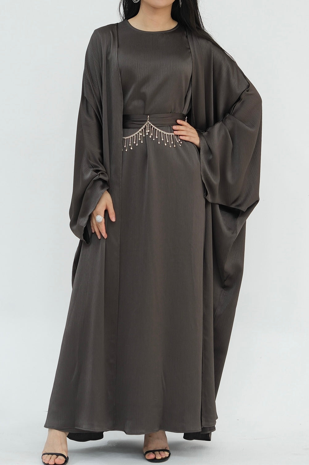 Jalilah 2PCS Modest Abaya Set with Crystal Chain 806 - Gray