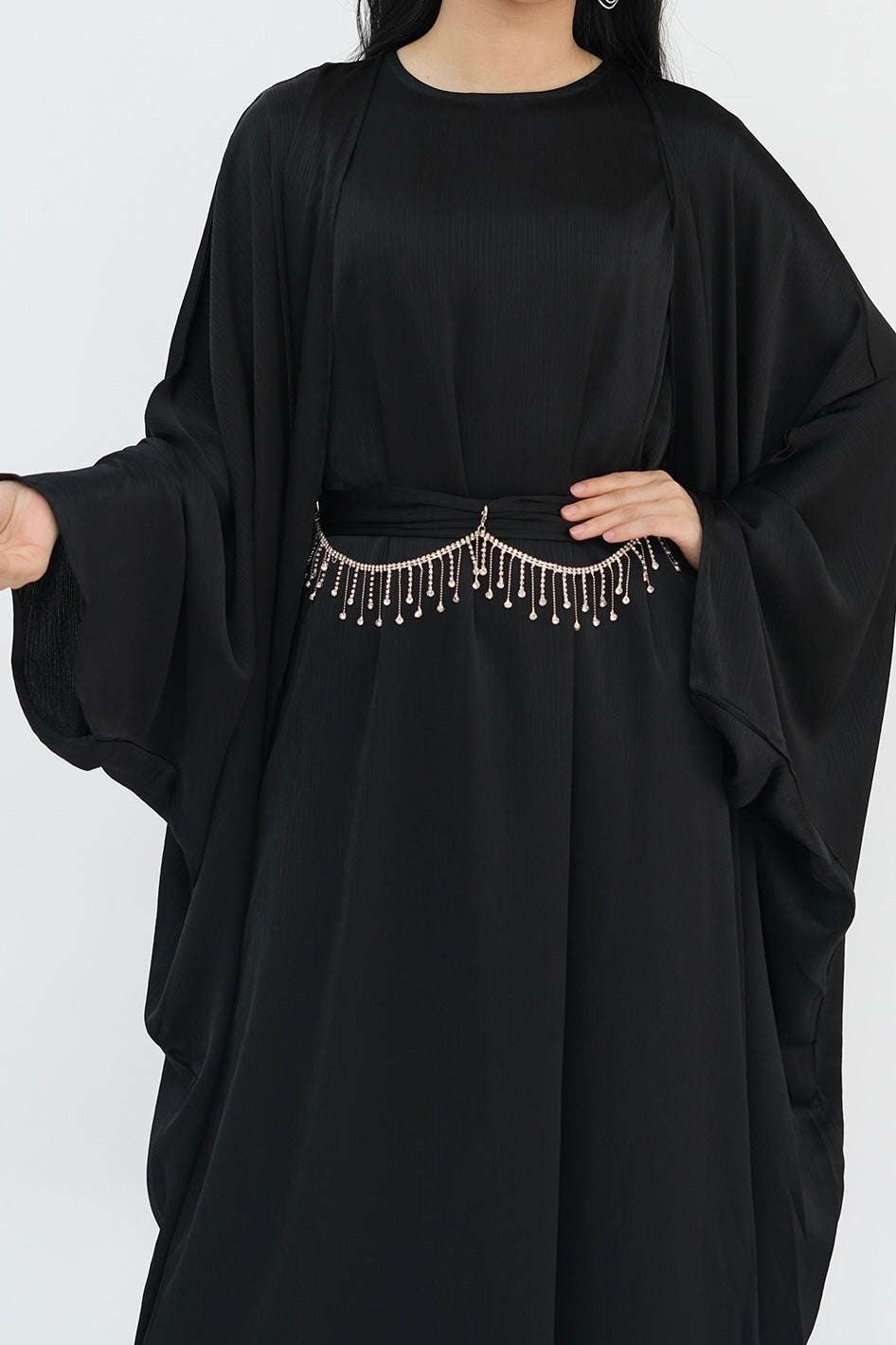 Jalilah 2PCS Modest Abaya Set with Crystal Chain 806 - Black