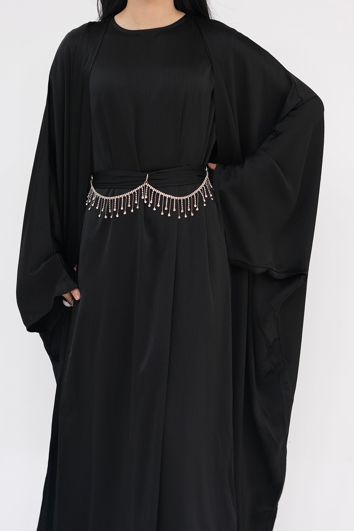 Jalilah 2PCS Modest Abaya Set with Crystal Chain 806 - Black